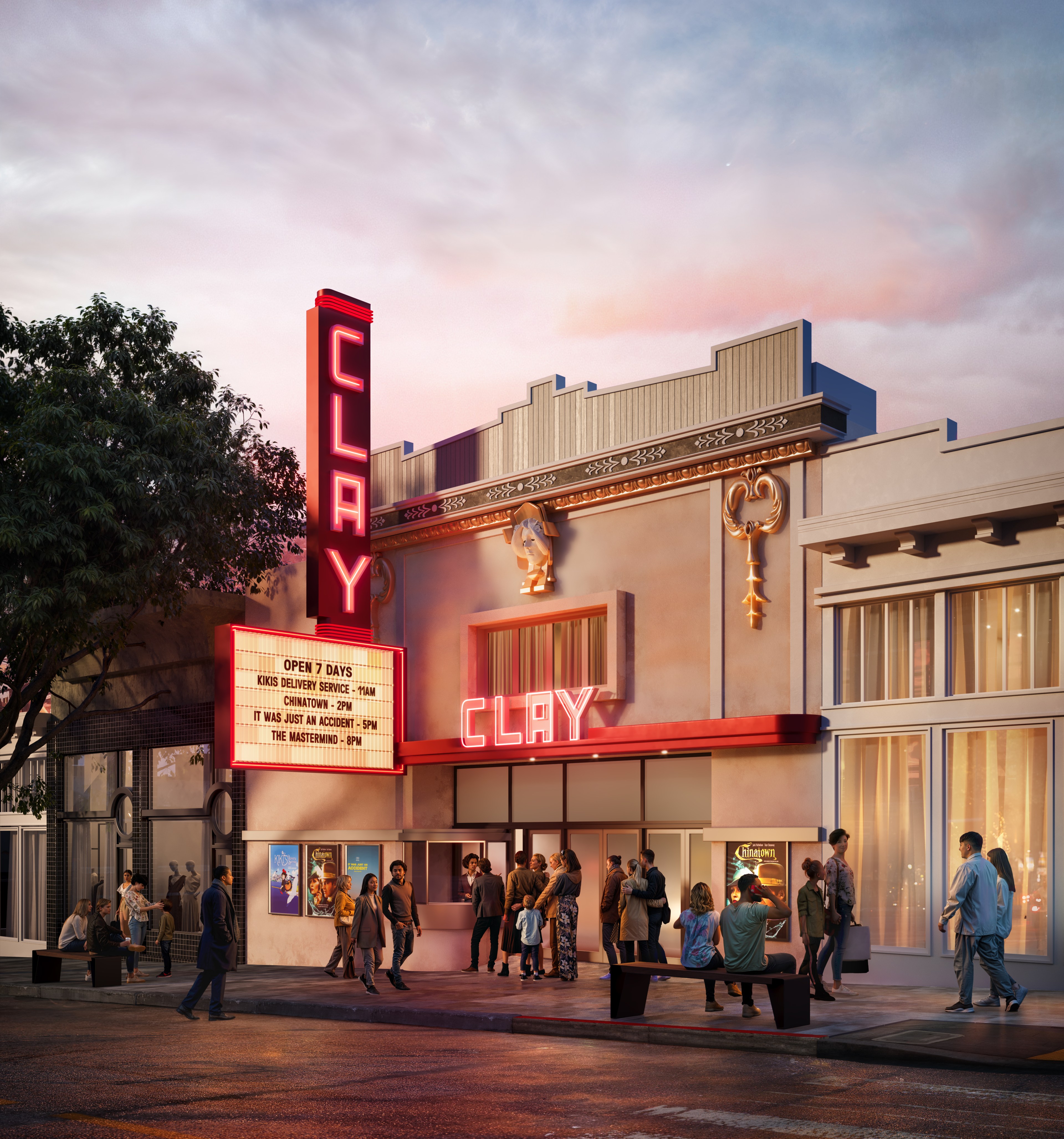 A small cinema with a retro design named "CLAY" is shown, featuring a red neon sign and marquee. A group of people gather outside, under a cloudy evening sky.