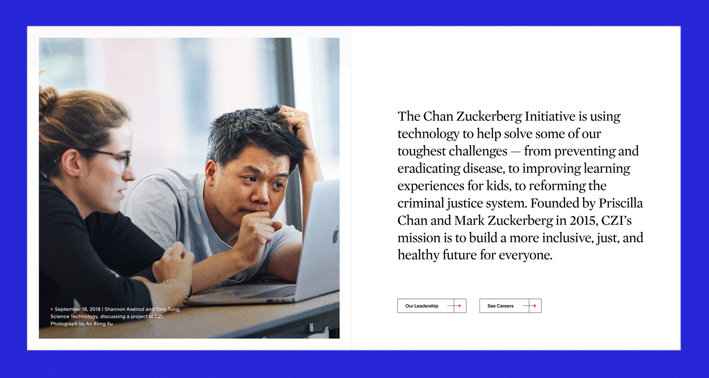 Two people focus on a laptop, with text describing the Chan Zuckerberg Initiative's mission to use technology for social challenges and inclusivity.