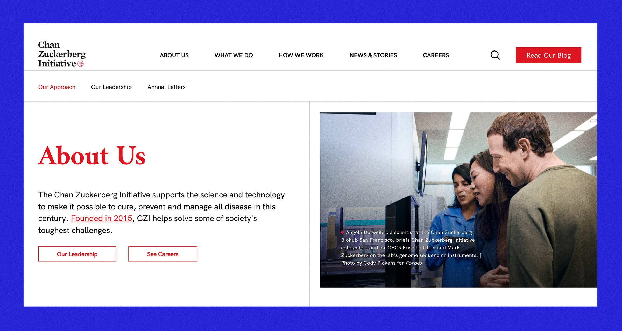 The image is a webpage from the Chan Zuckerberg Initiative's &quot;About Us&quot; section. It includes text describing their mission and a photo of three people looking at a screen.