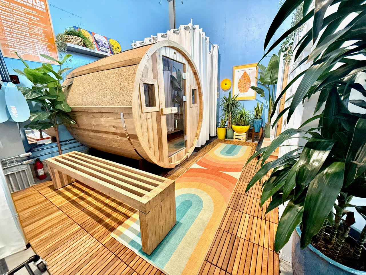 This image shows a room with a small wooden barrel sauna, a colorful rug, and various potted plants. A wooden bench sits nearby, and the walls are painted blue.