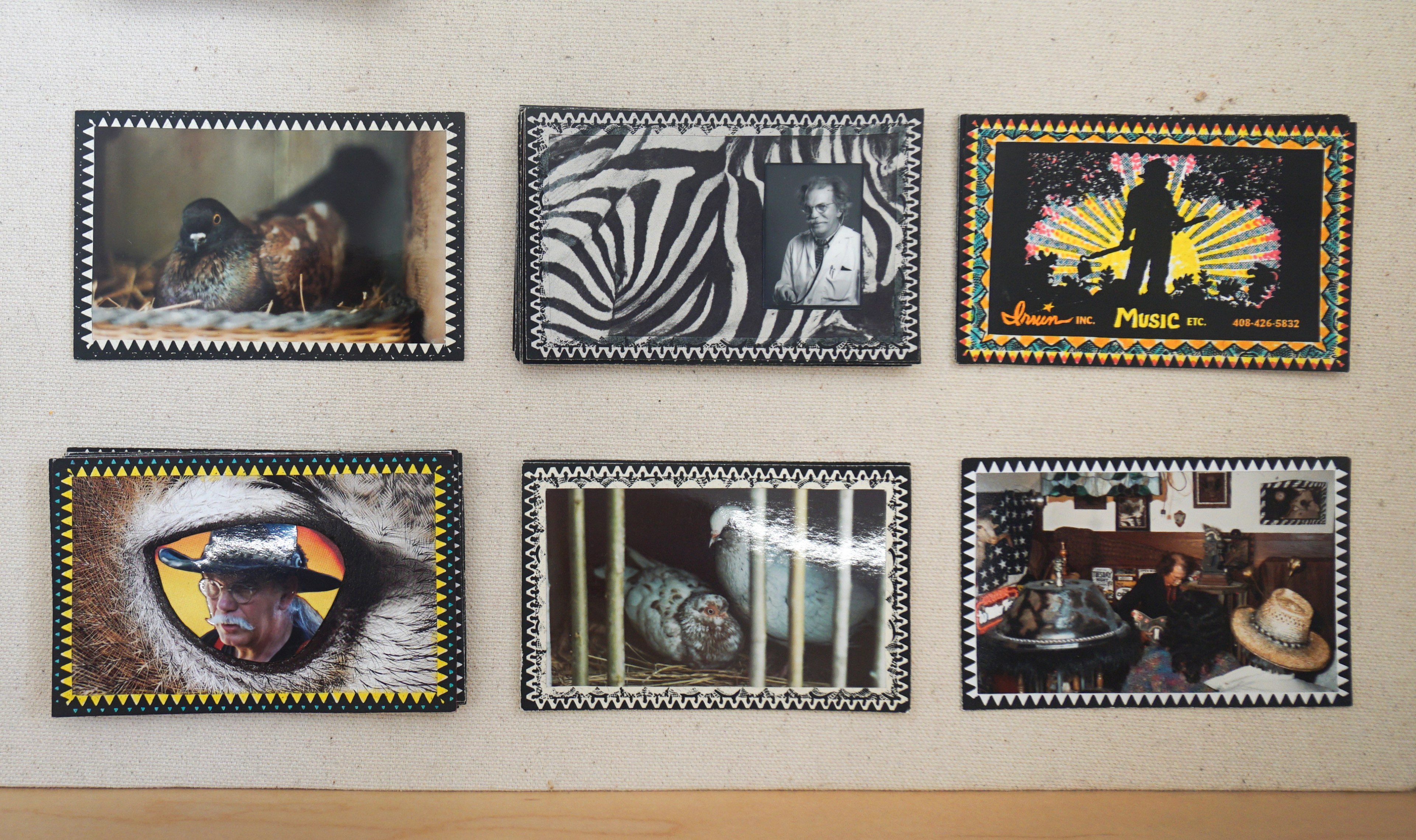 The image displays six decorative framed photos on a wall, including animals, people, and a music-themed silhouette. Each is bordered with colorful patterns.