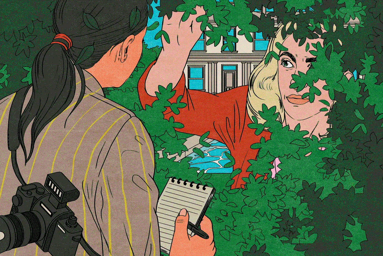 An illustration of a blonde woman peeking through bushes