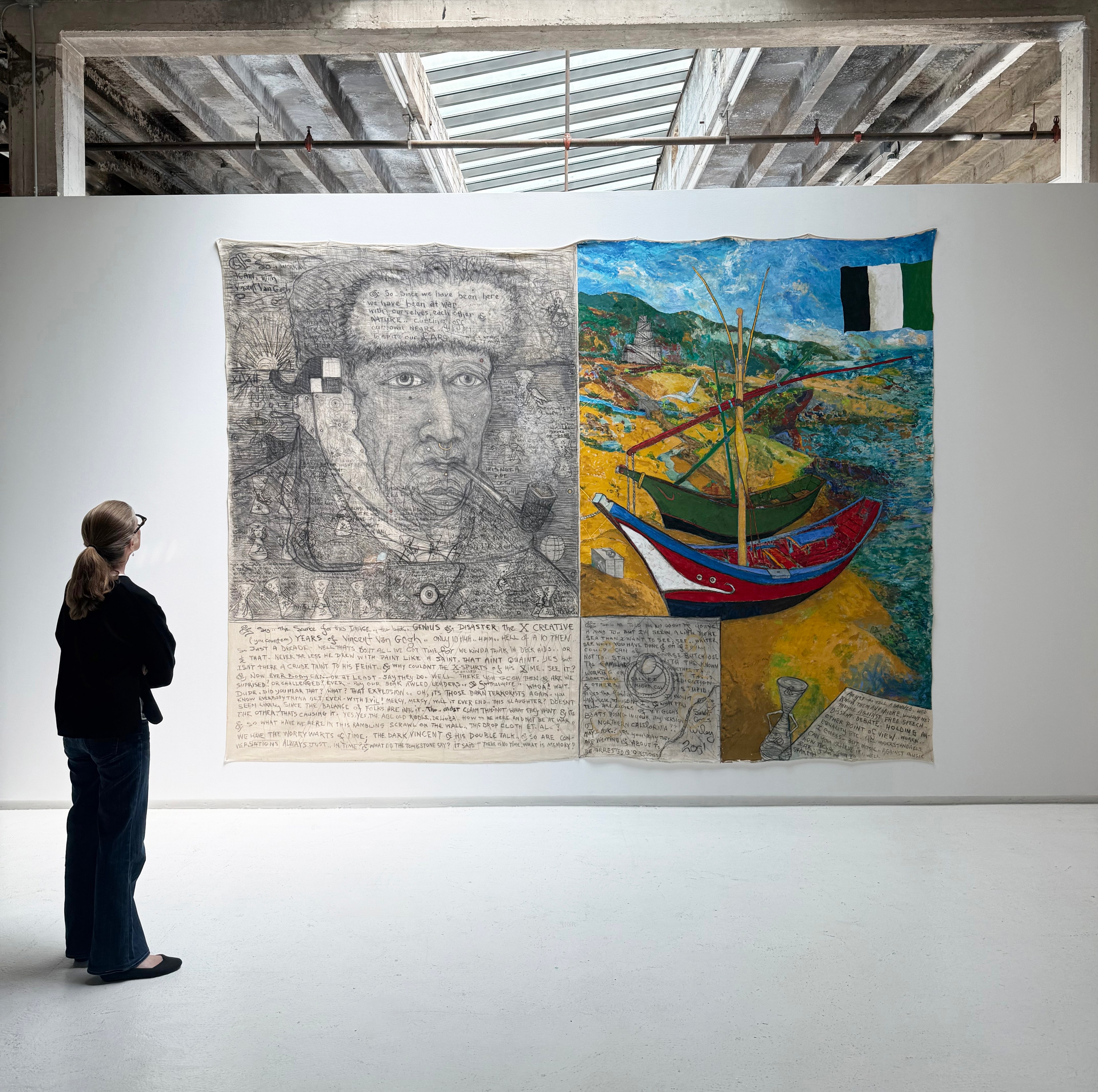 A woman stands in a gallery, observing a large artwork. The piece features a sketch of a man with a pipe on the left, and colorful boats on a shore on the right.