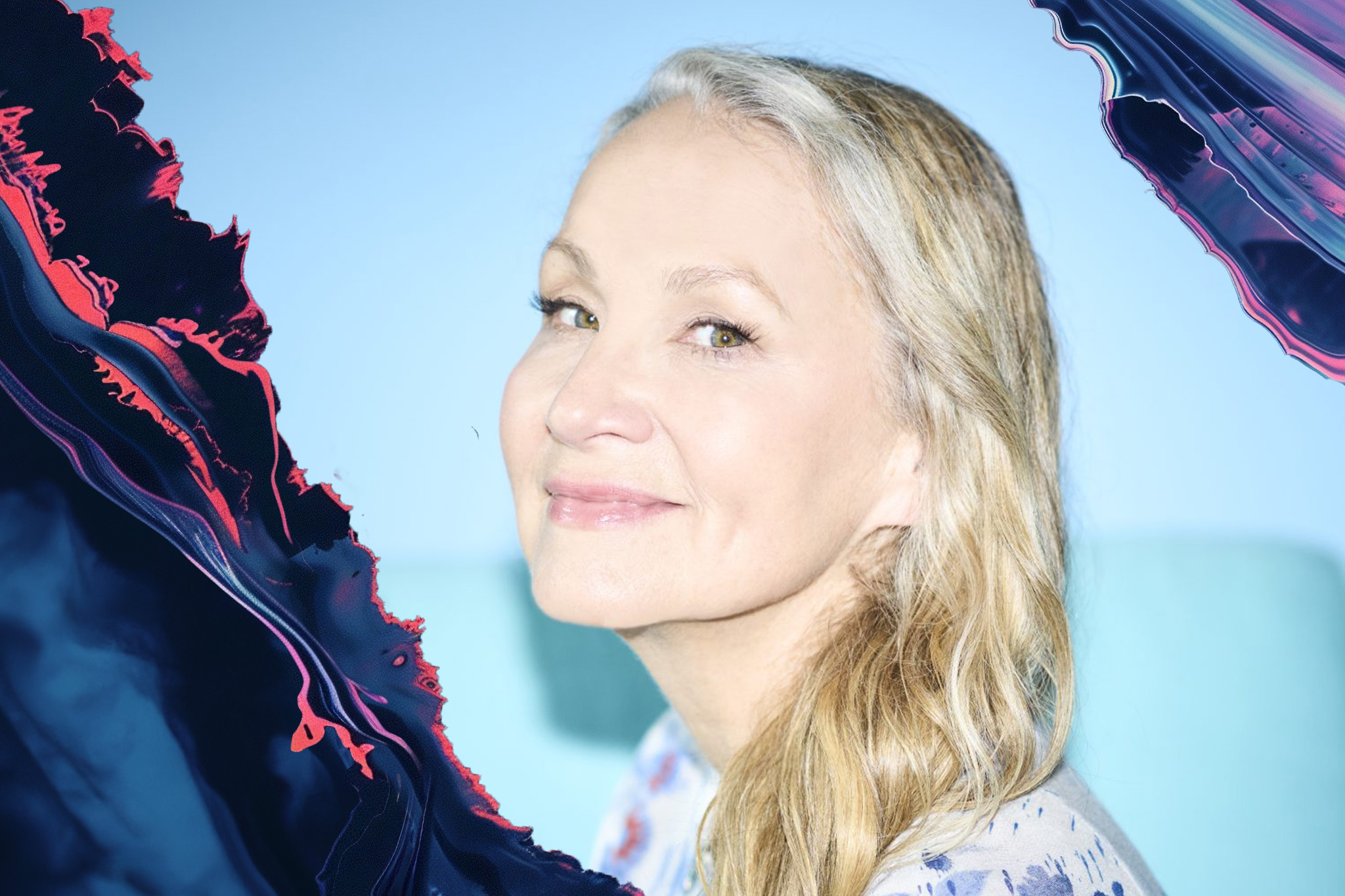 A person with long, light hair smiles softly against a pale blue background. Dark, colorful abstract shapes frame the left and top edges.
