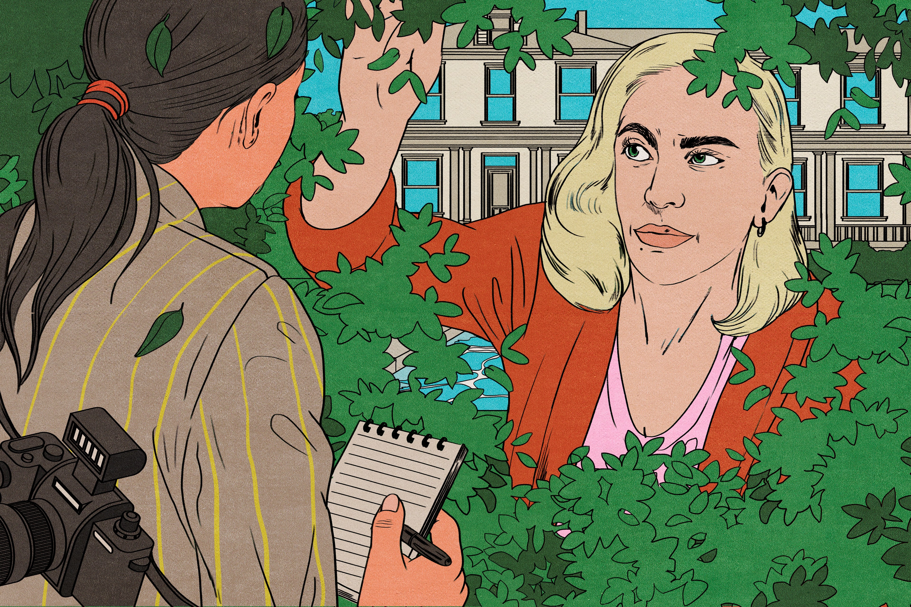 An illustration of a blonde woman peeking through bushes