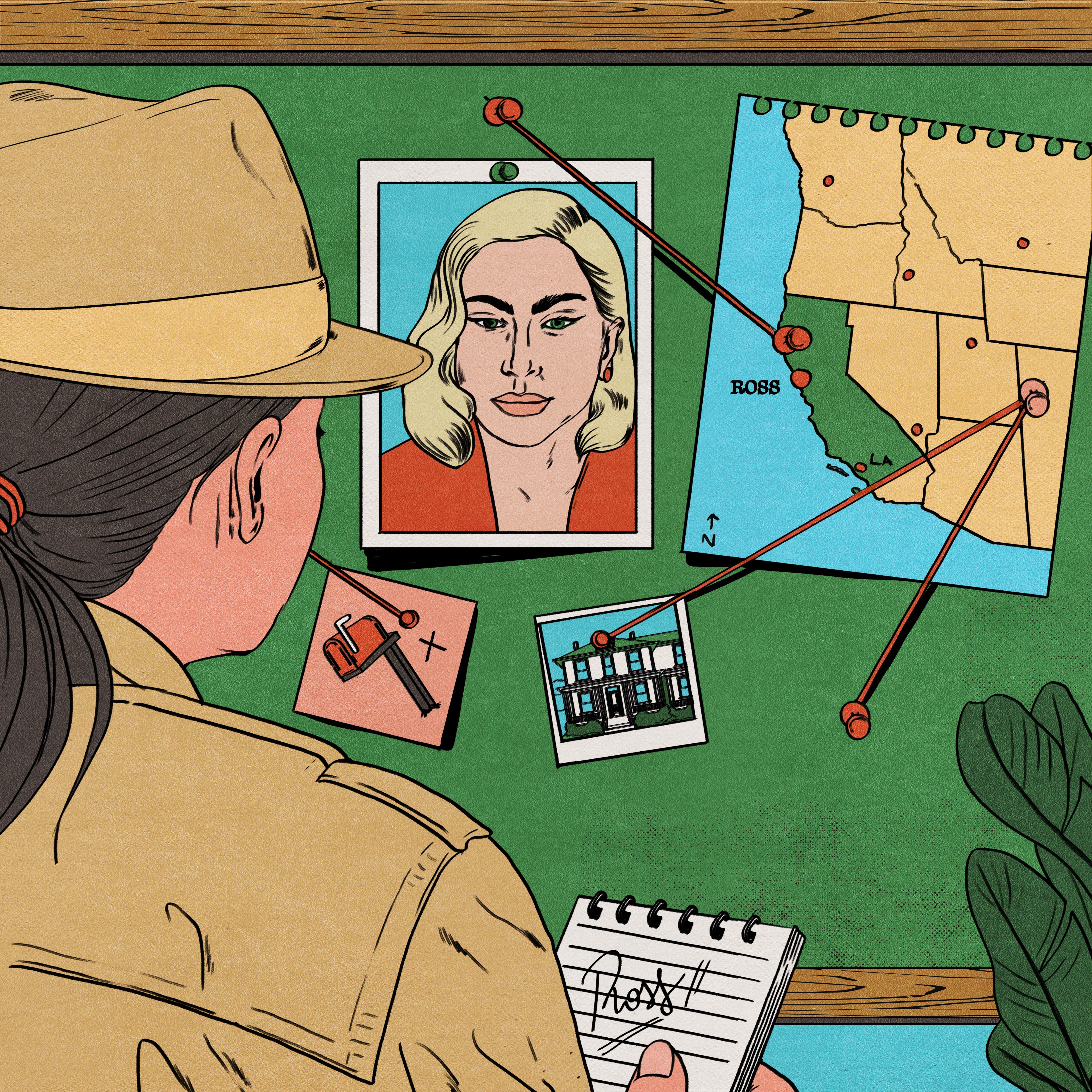An illustration of a board with photos and a map
