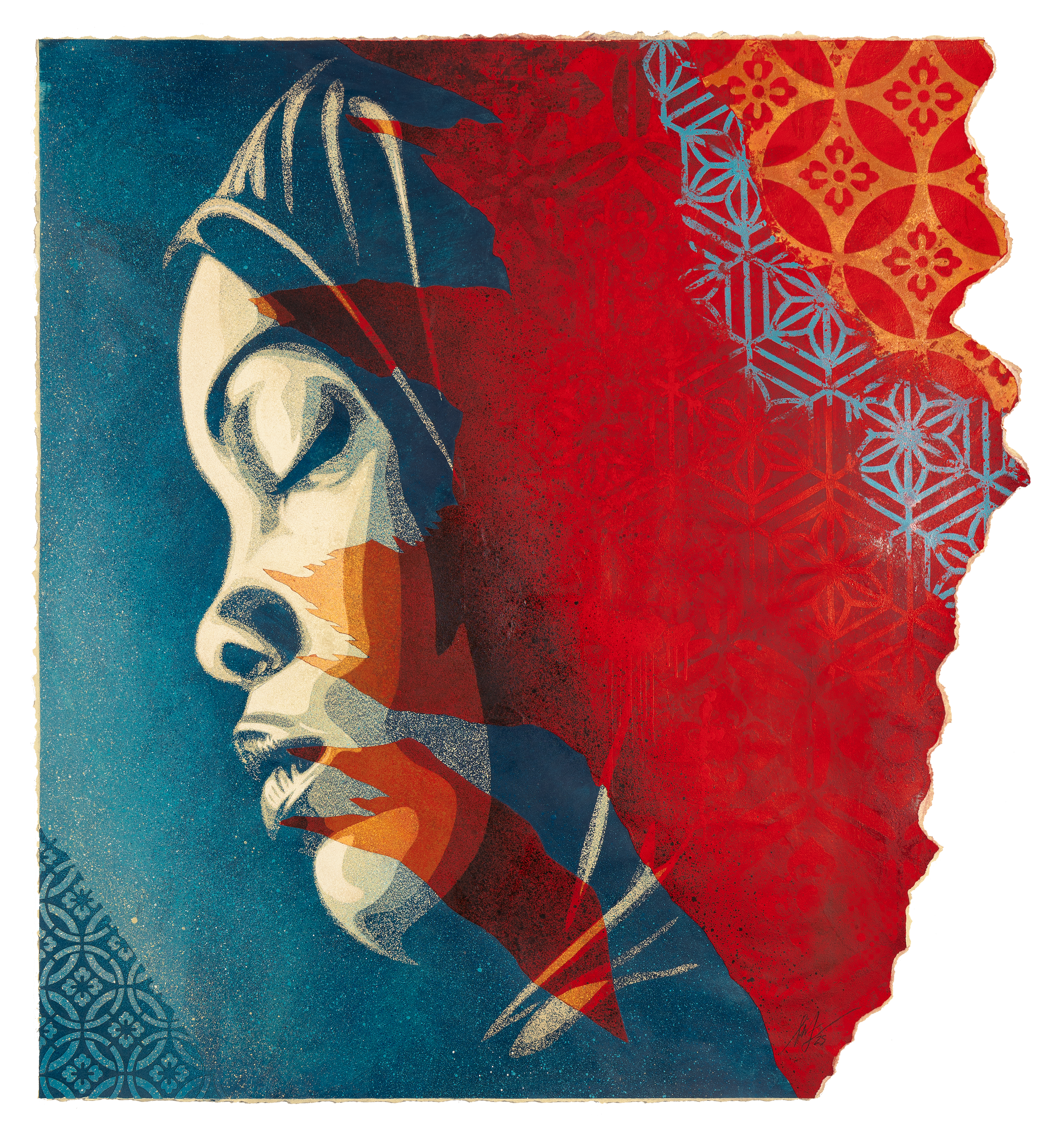 The image shows a stylized profile of a person with closed eyes against a vibrant background. The left side is blue, while the right side is red with a floral pattern.