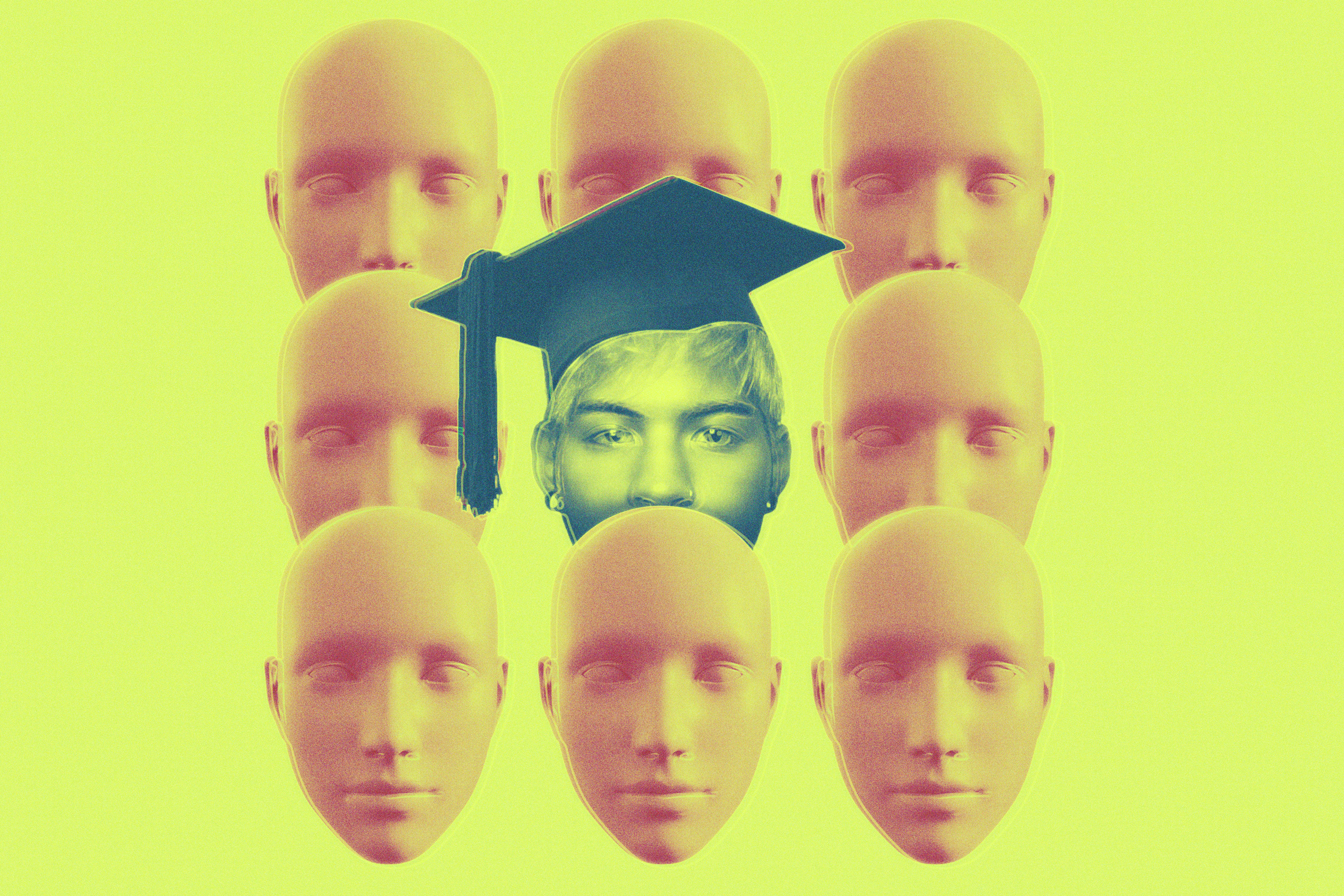 A grid of nine mannequin heads on a bright yellow background features one unique face wearing a graduation cap in the center.