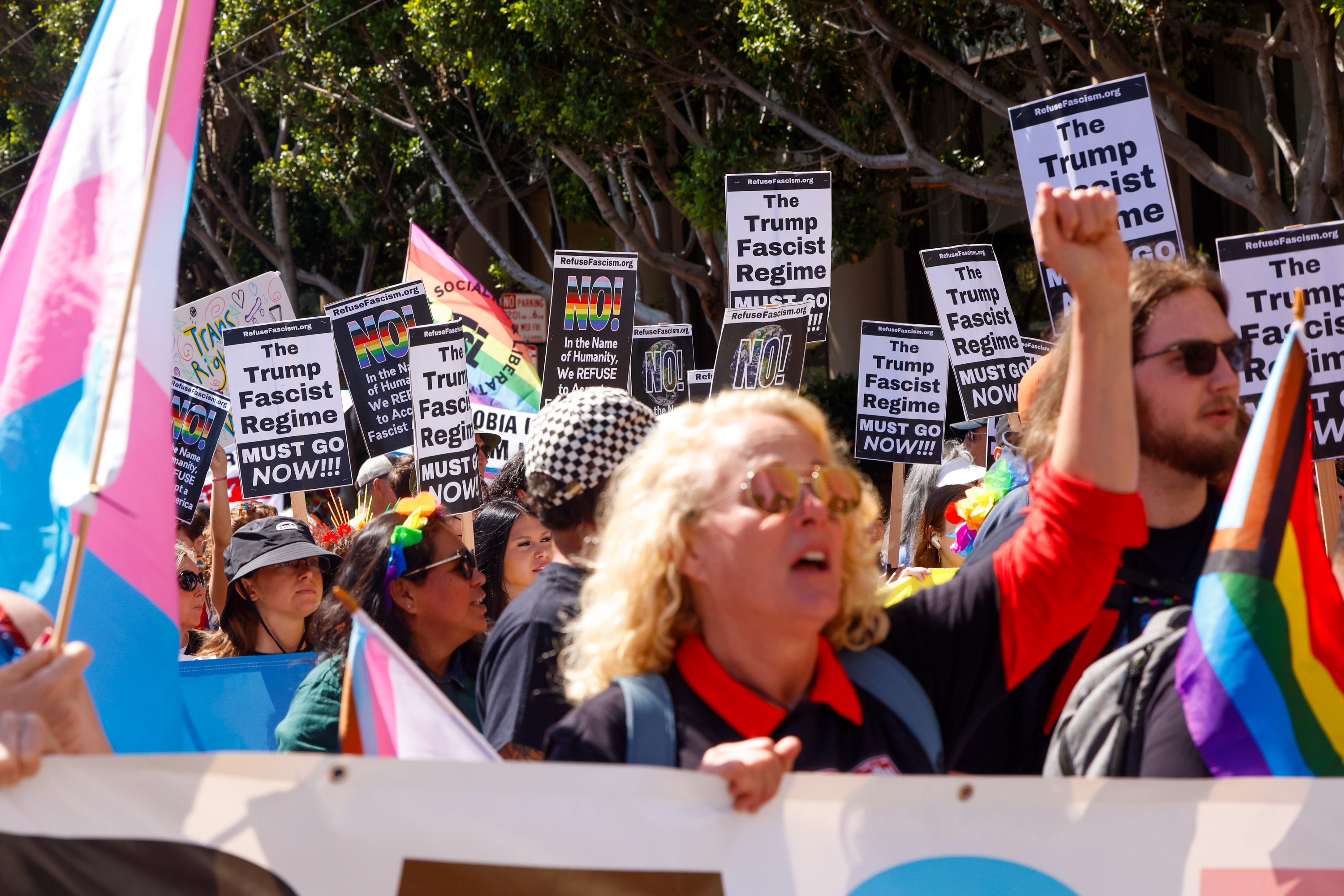 A crowd of protesters holding signs that say &quot;The Trump Fascist Regime Must Go Now!&quot; amid rainbow flags and a transgender pride flag.