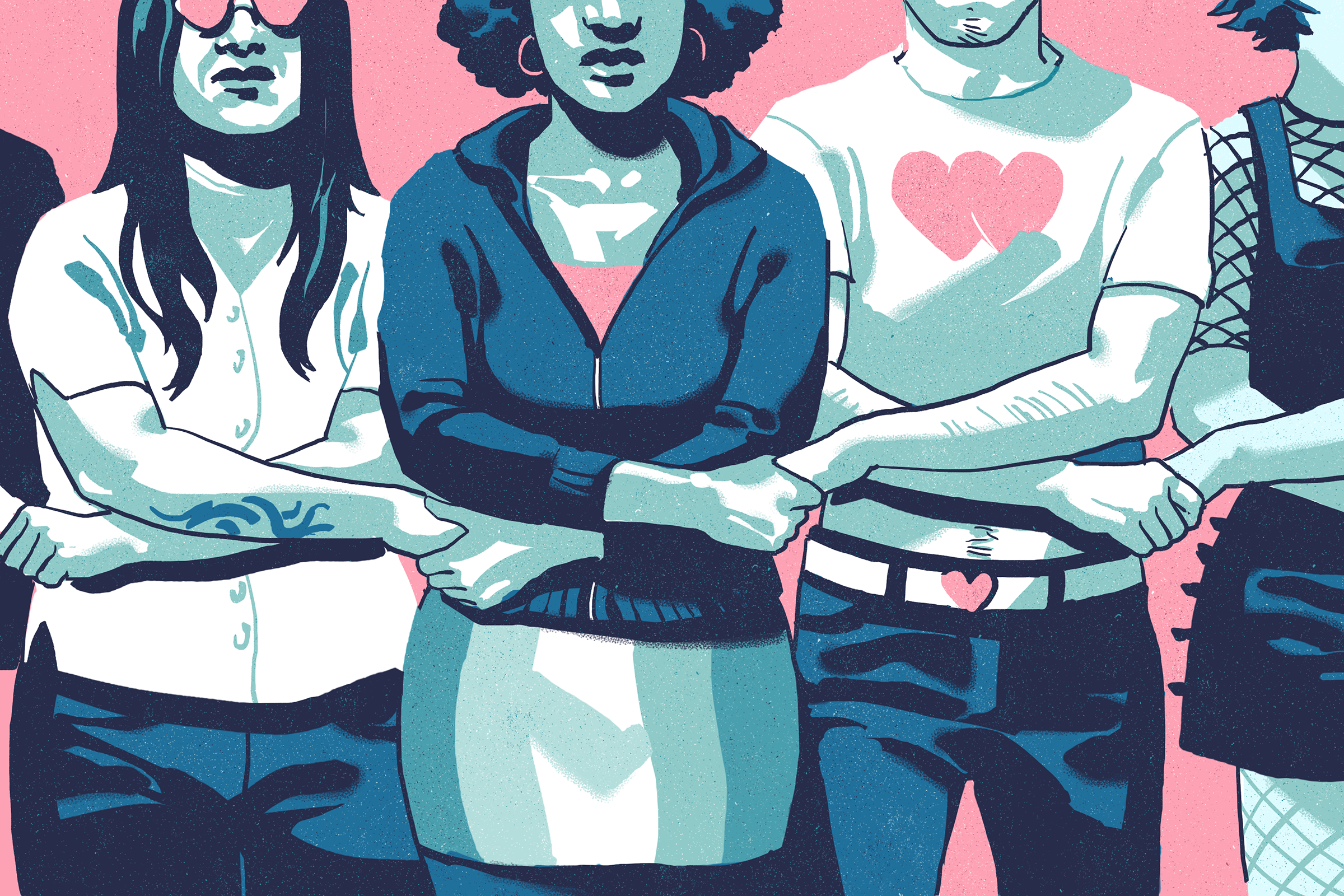 The image shows a diverse group of people standing side by side, linking arms. They wear casual attire, featuring heart motifs and a mix of styles against a pink background.