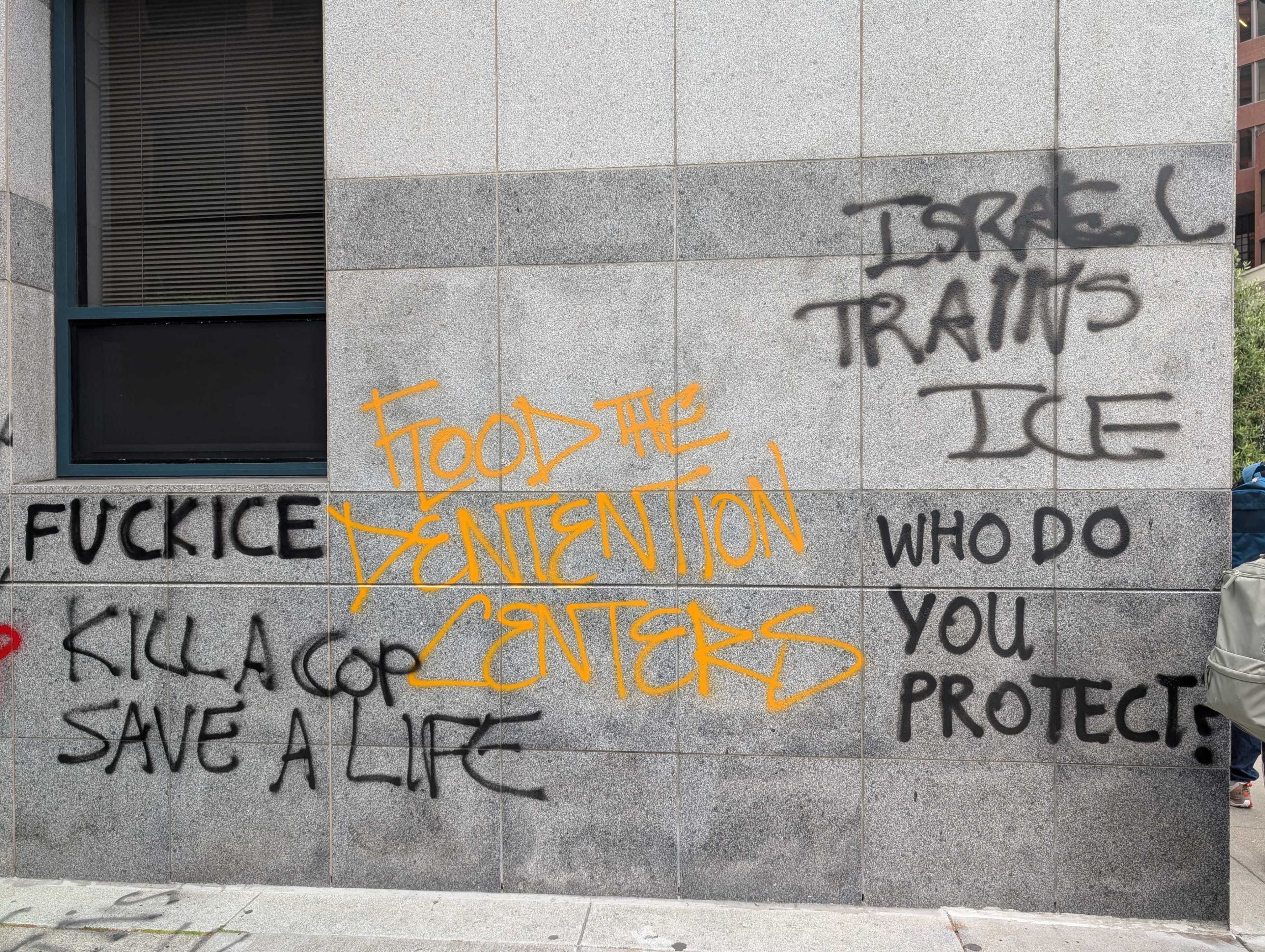 The image shows graffiti on a gray concrete wall with phrases like &quot;FUCK ICE,&quot; &quot;Flood the detention centers,&quot; and &quot;Who do you protect?&quot; written in black and orange.