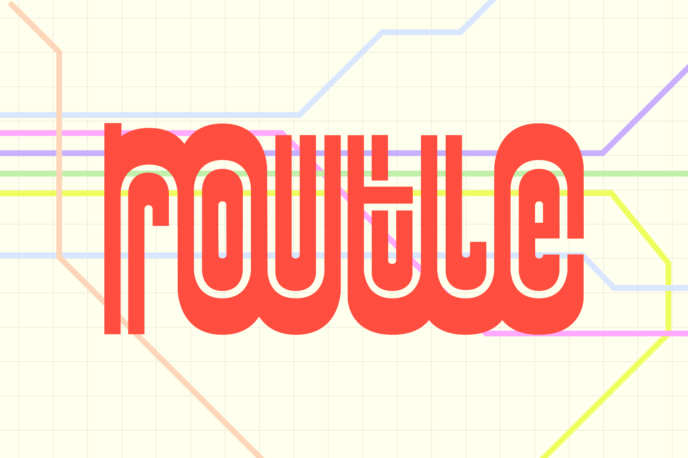 The image features the word "route" in bold, red, retro-style letters. Behind it are colorful, intersecting lines resembling a transit map on a grid background.