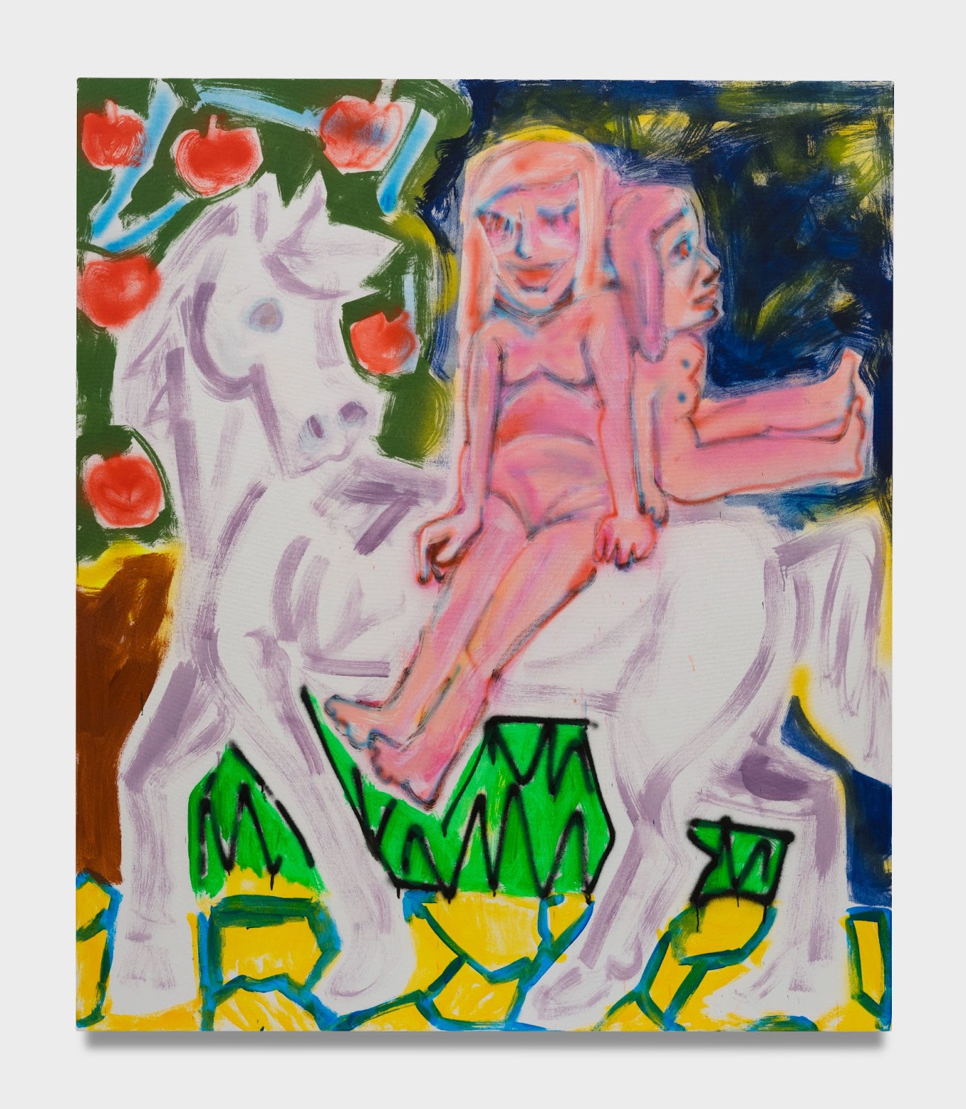 A colorful painting features two abstract figures sitting on a white horse. There's a tree with red apples on the left and geometric patterns below.