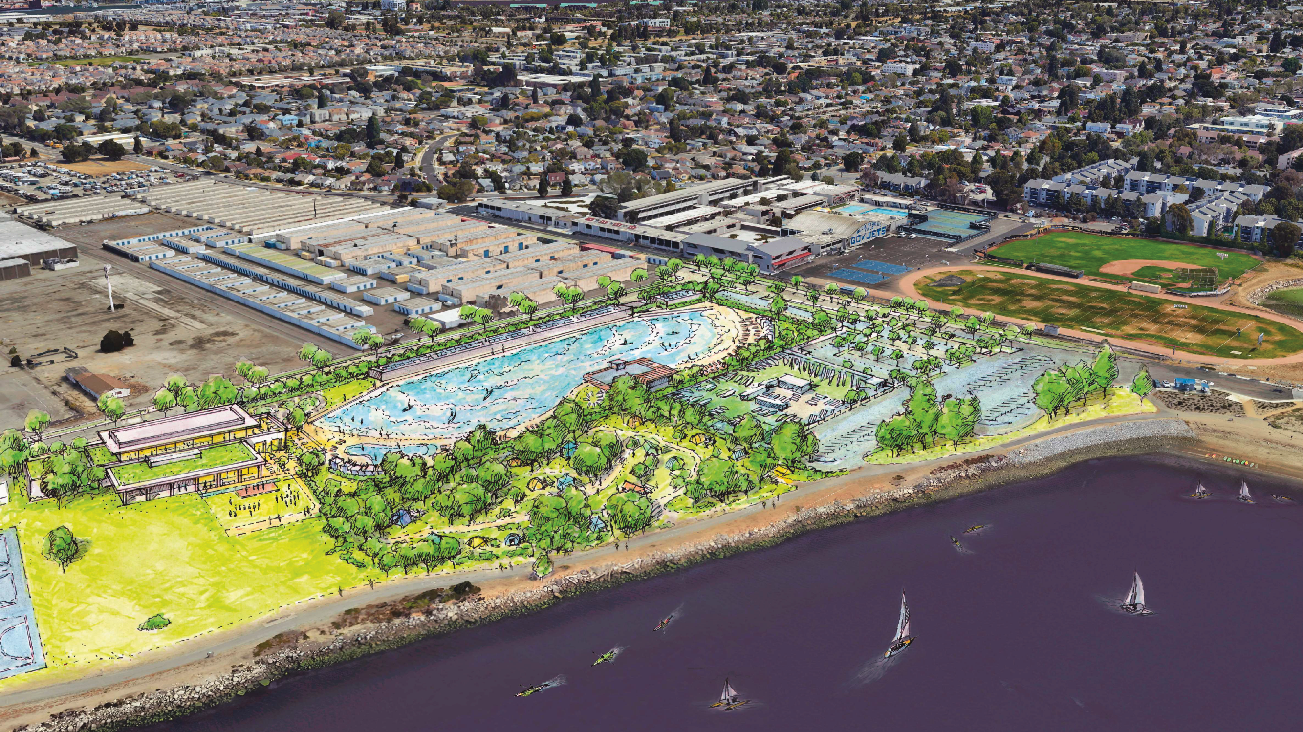 The image depicts a vibrant park with a large pool, green spaces, and pathways, adjacent to an urban area with warehouses, a sports field, and waterfront activities.