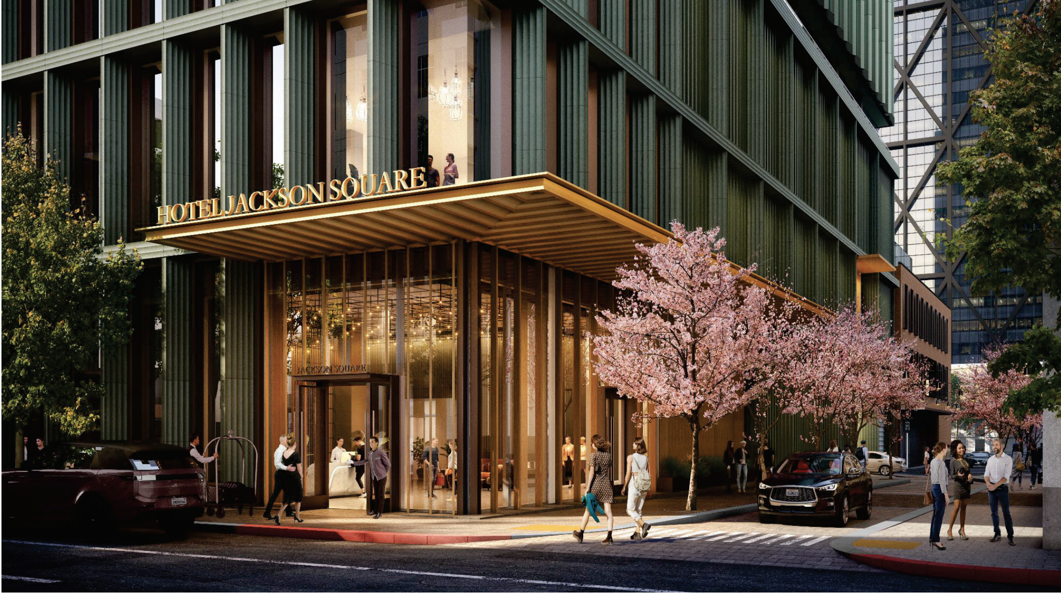 The image shows a modern hotel entrance with glass doors, surrounded by cherry blossom trees. People are walking on the sidewalk and cars are parked nearby.