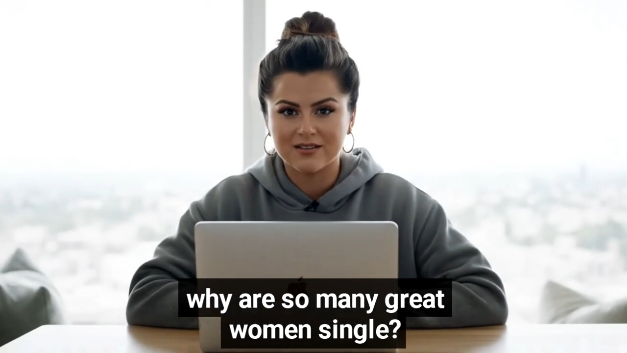 A woman wearing a gray hoodie sits in front of a laptop. The caption reads &quot;Why are so many great women single?&quot;