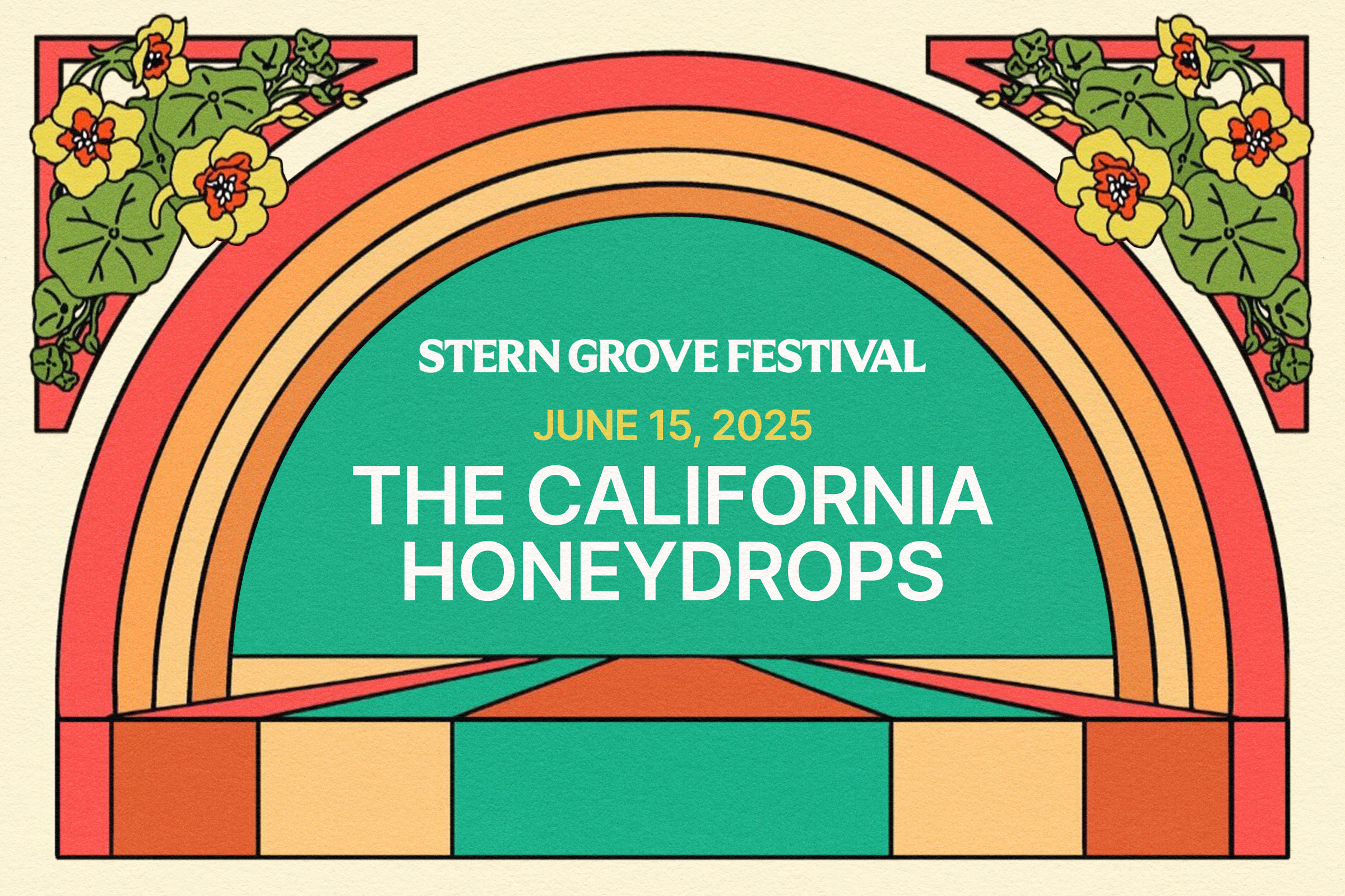 The image features a colorful, retro-style design with floral details, announcing the Stern Grove Festival on June 15, 2025, featuring The California Honeydrops.