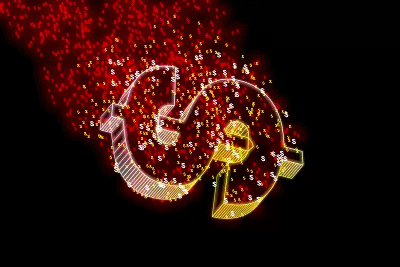 A large dollar sign engulfed in bright, stylized flames, emitting smaller dollar signs that appear to float upward like sparks or embers.