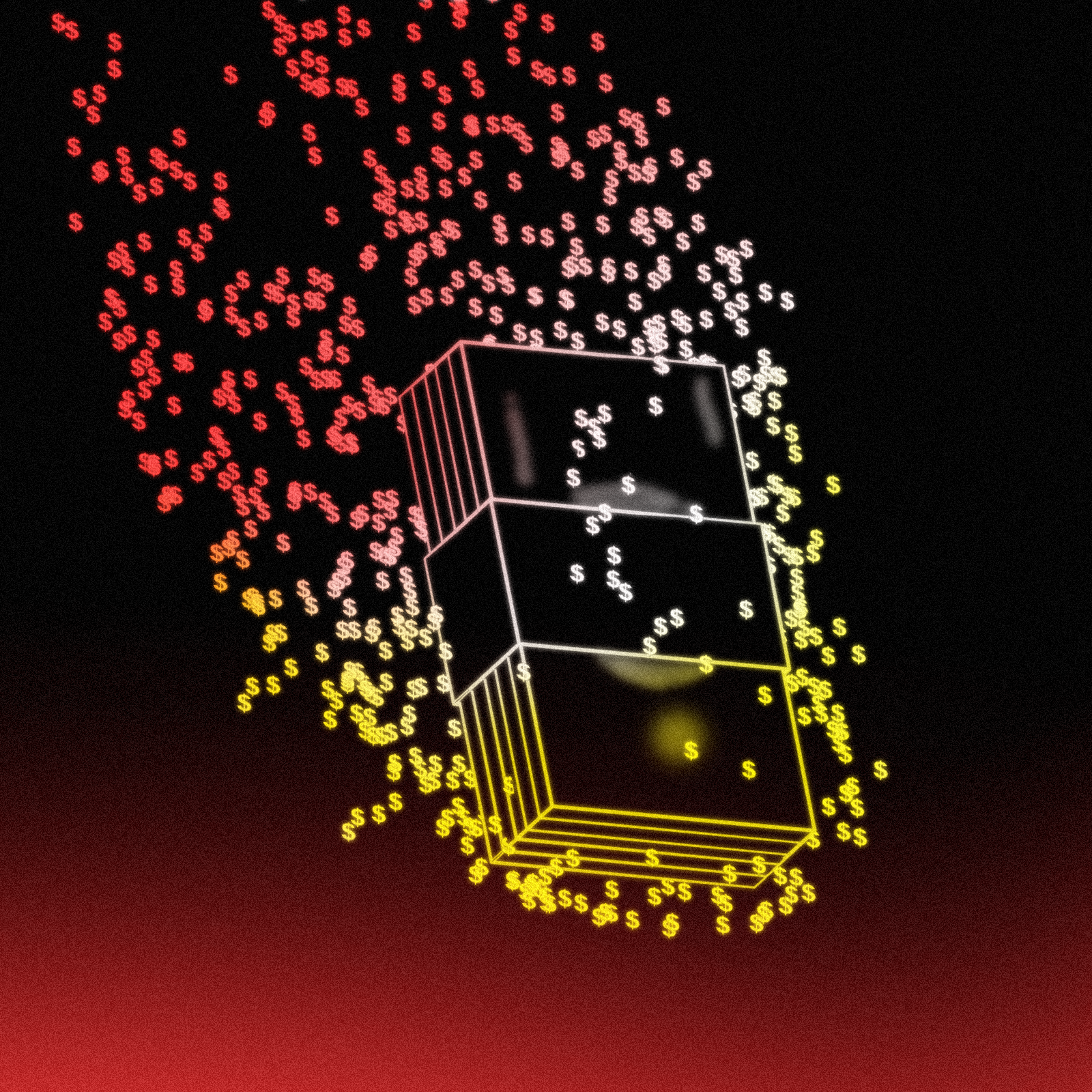 The image shows a glowing transparent cube floating in a dark space, surrounded by red and yellow dollar signs radiating outward in a dynamic pattern.
