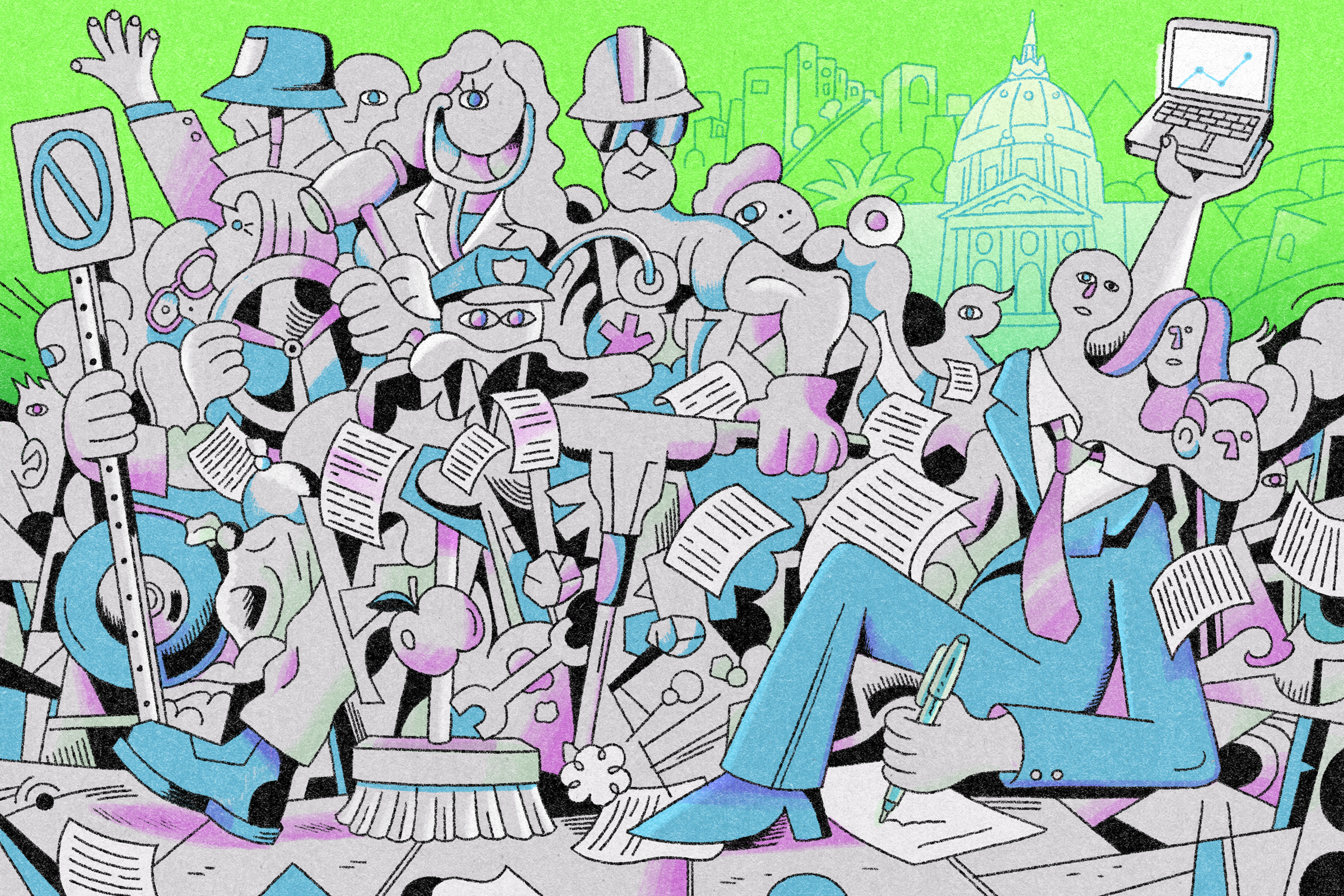 A vibrant illustration depicts various professions, like a driver, doctor, construction worker, and police officer, crowded together with floating papers against a cityscape backdrop.