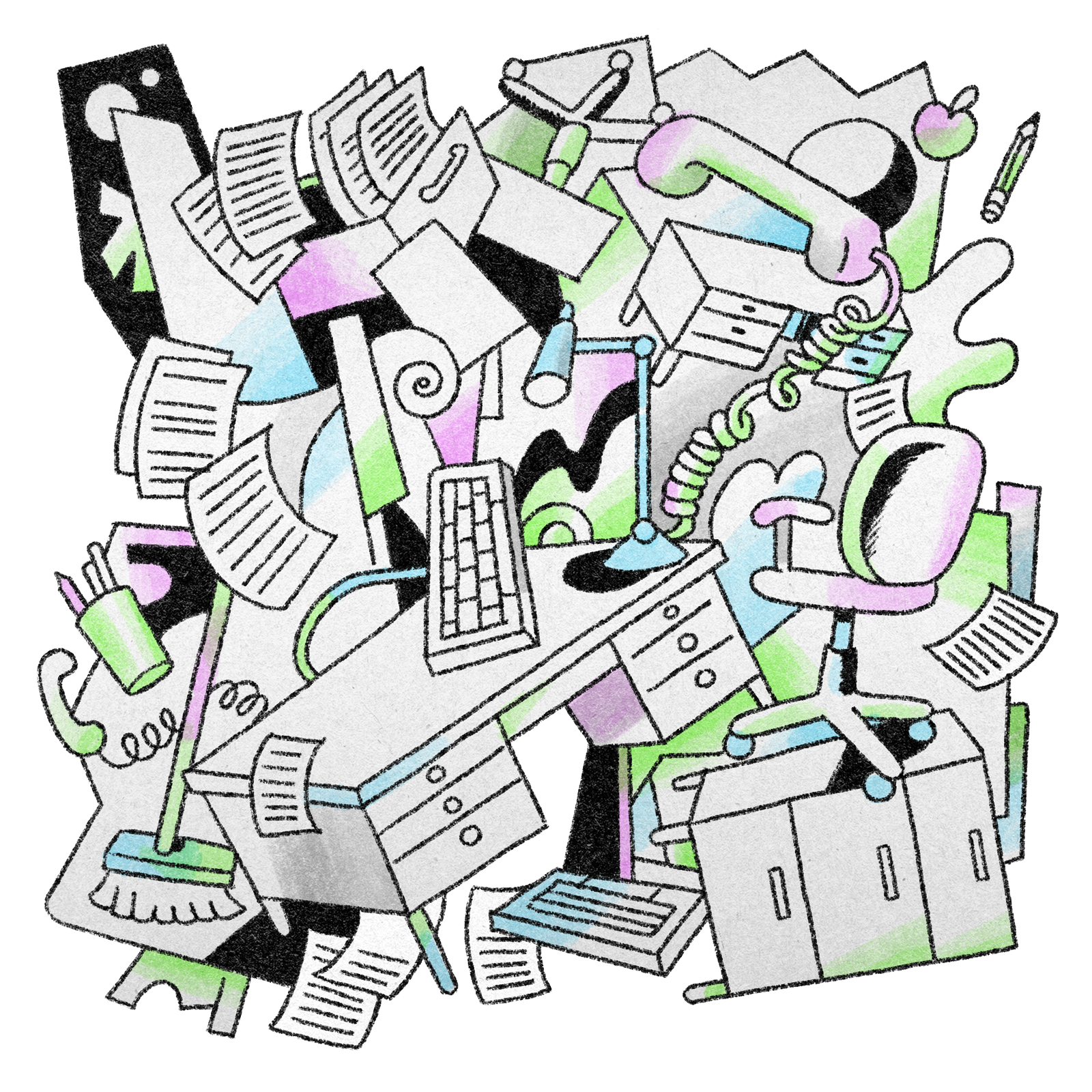 The image is a chaotic office scene with scattered papers, a desk, chair, keyboard, telephone, and various office supplies in pastel colors, creating a cluttered atmosphere.