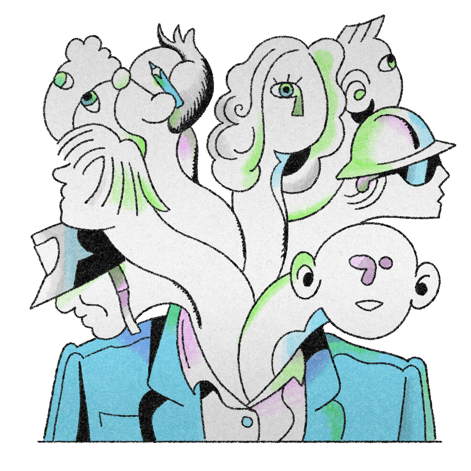 The image features an abstract, colorful illustration of multiple interconnected faces and figures, merging together with a playful, surreal style with pastel colors.