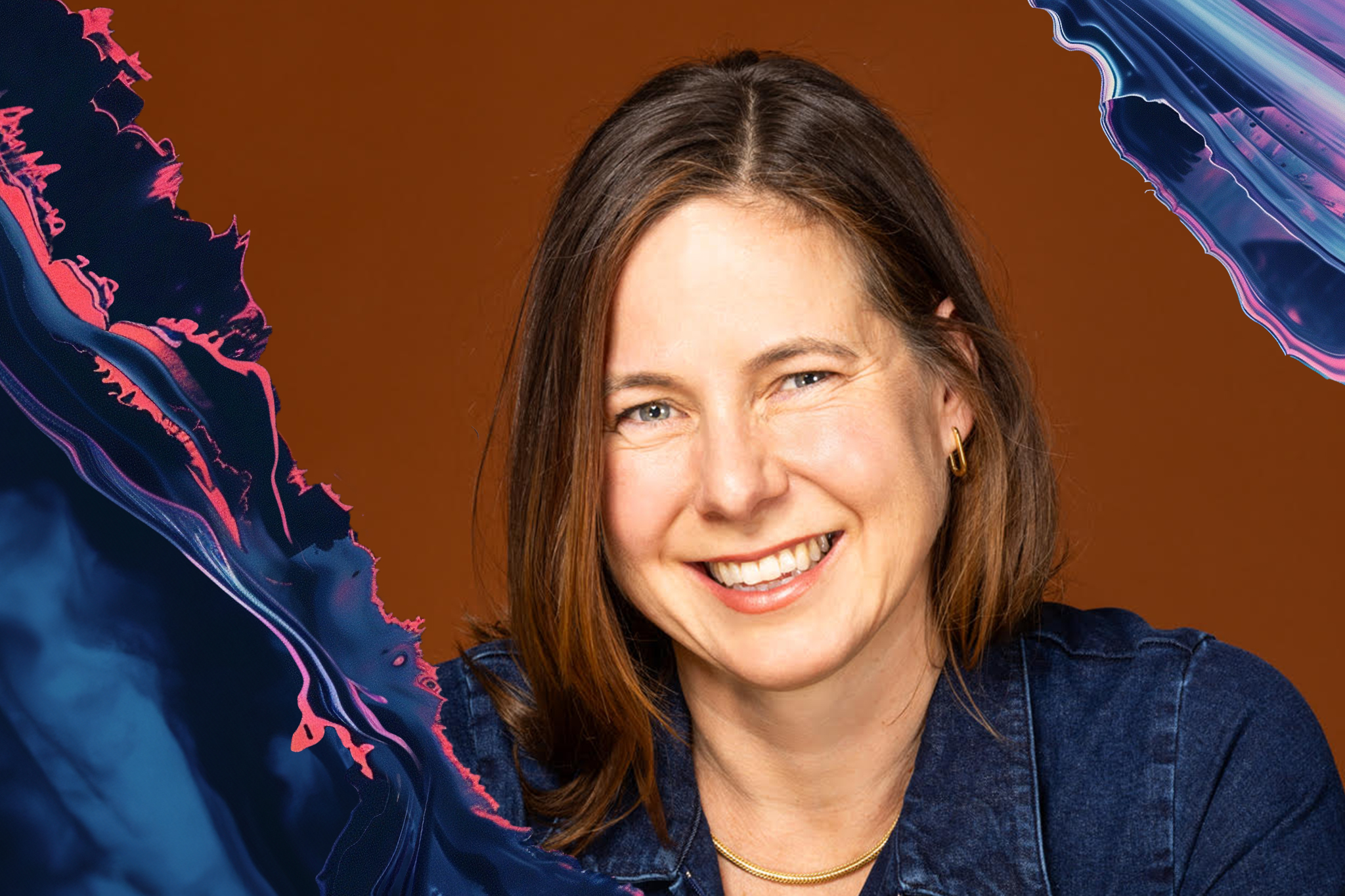 A smiling woman with brown hair against a brown background is partially overlaid with abstract blue and pink paint-like swirls.