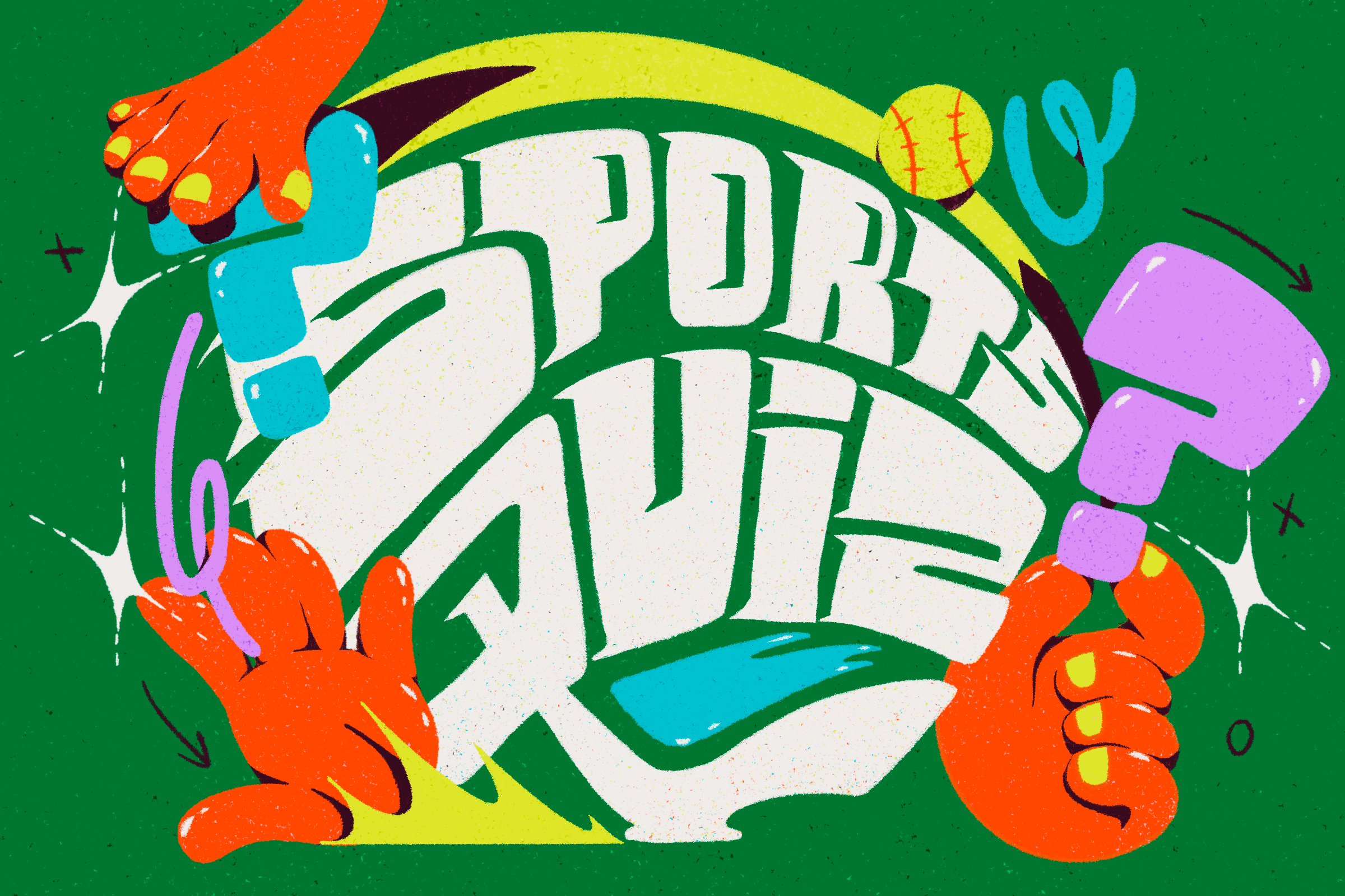 The image features bold, stylized text saying "SPORTS QUIZ," with colorful question marks, sports equipment, and cartoon-style hands on a green background.