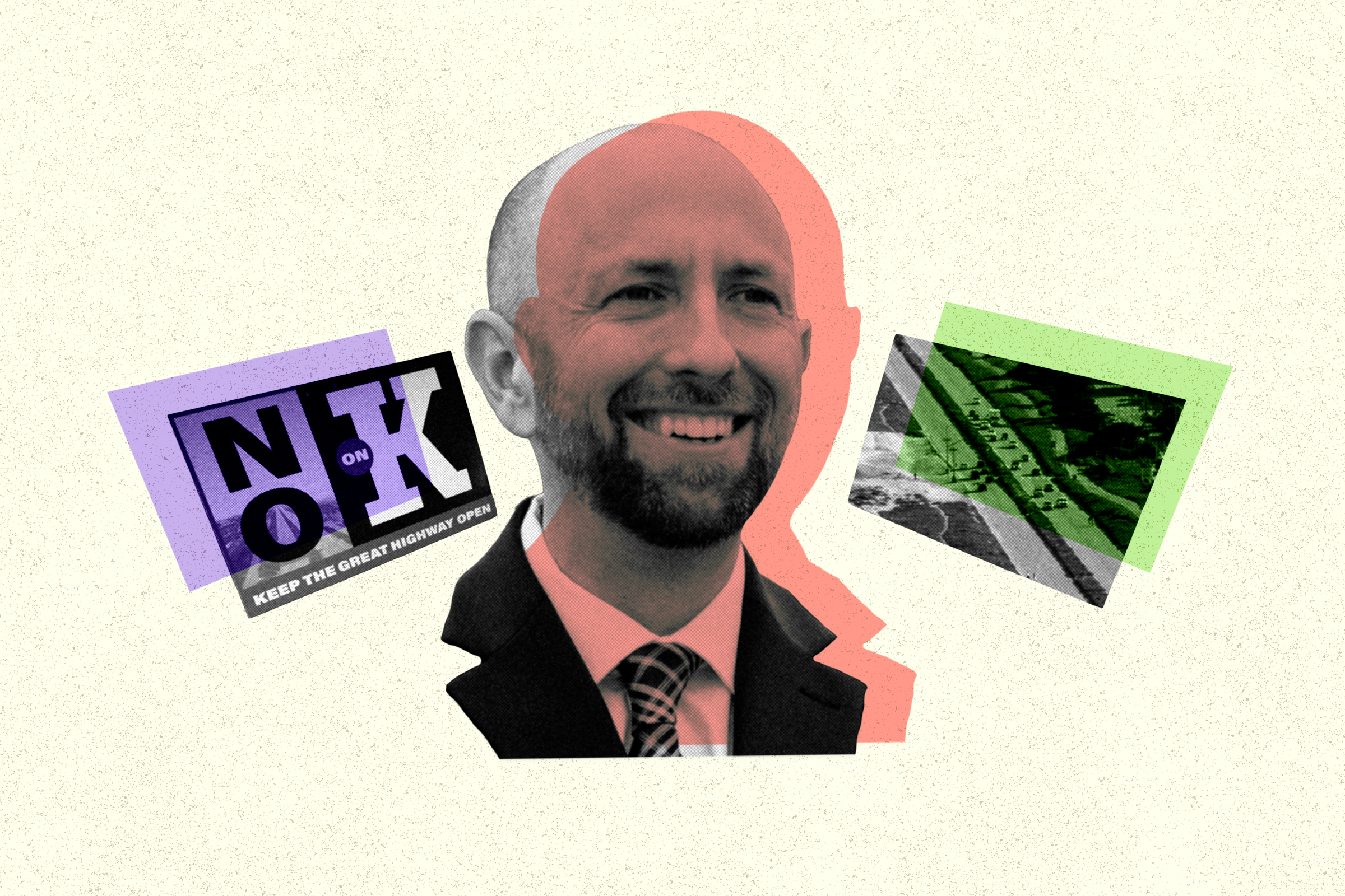 A smiling man in a suit is surrounded by abstract elements, including a "No on K" sign and a partial aerial view of a highway, set on a textured beige background.