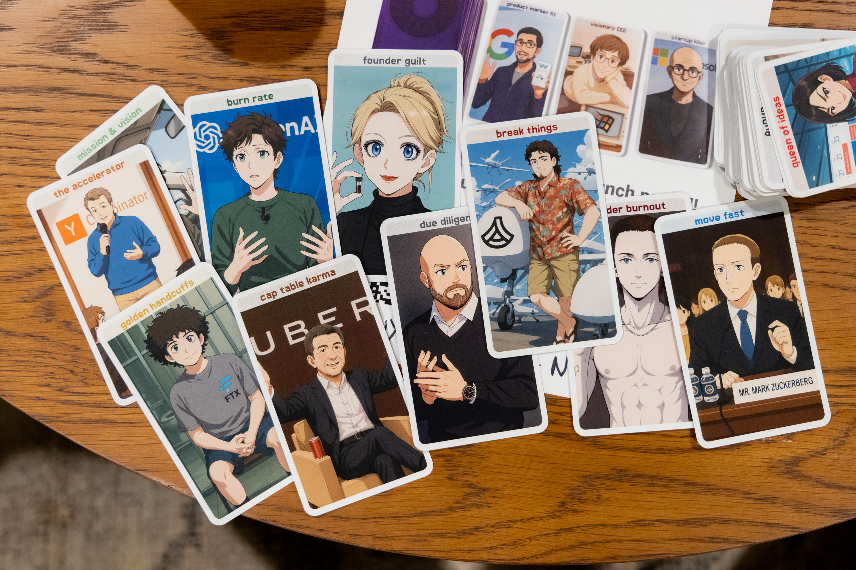 The image shows cards featuring anime-style characters representing various tech and business-related terms like "burn rate," "move fast," and "founder guilt."