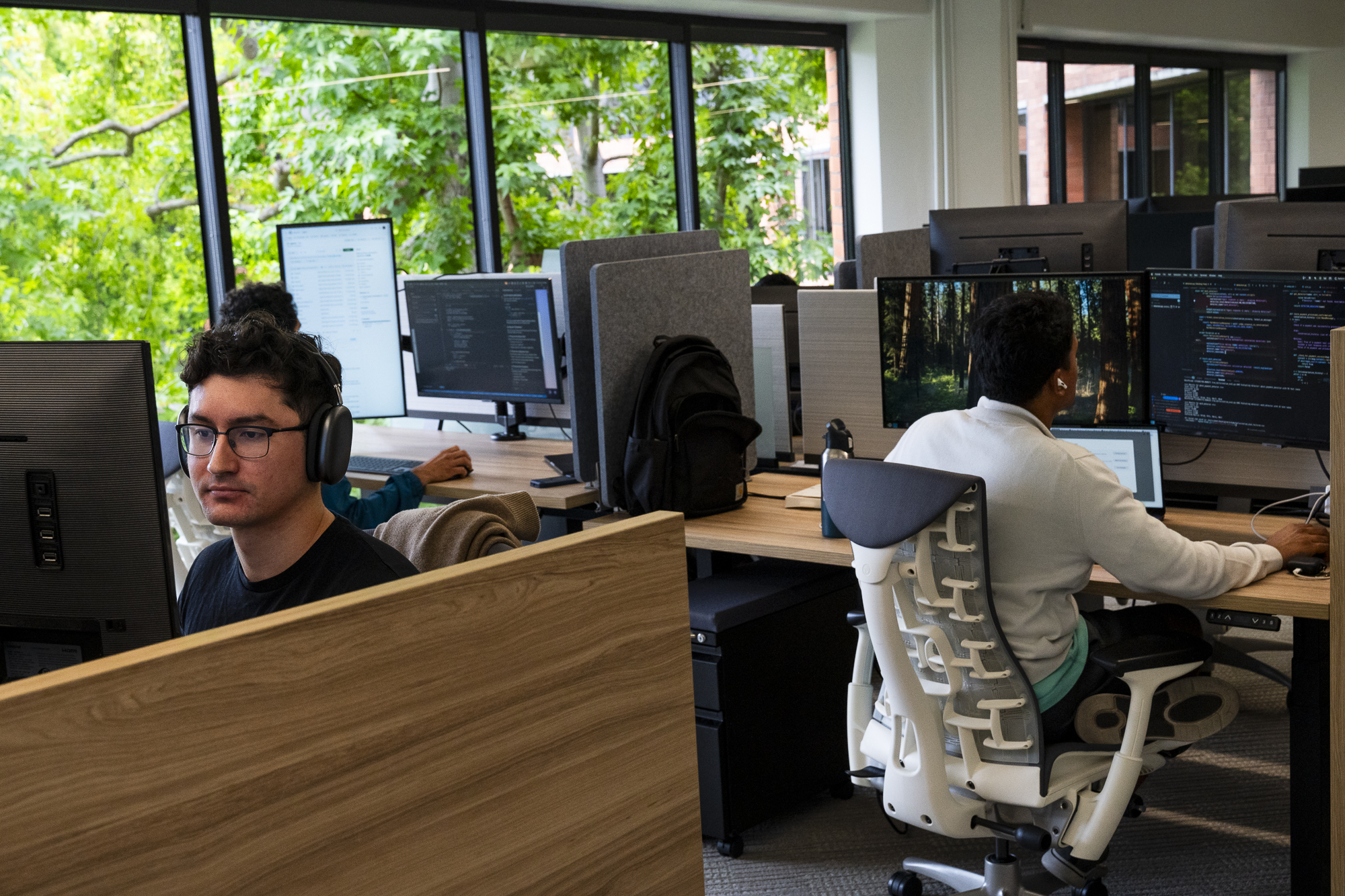 Several people are working at desks with computers in a bright office with large windows revealing green trees outside. One person wears headphones.