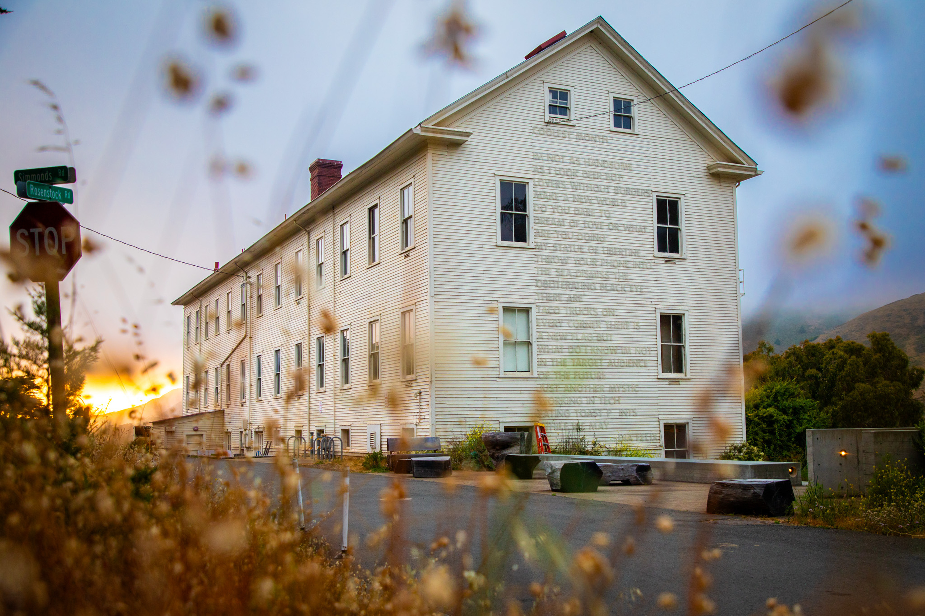 An old, white wooden building with many windows stands against a hazy sky. Blurry wildflowers frame the foreground, with a sunset peeking through on the left.
