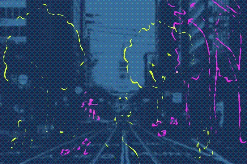 The image shows a city street with neon outlines in vibrant yellow and pink against a dark, moody background. The scene is stylized with abstract art elements.