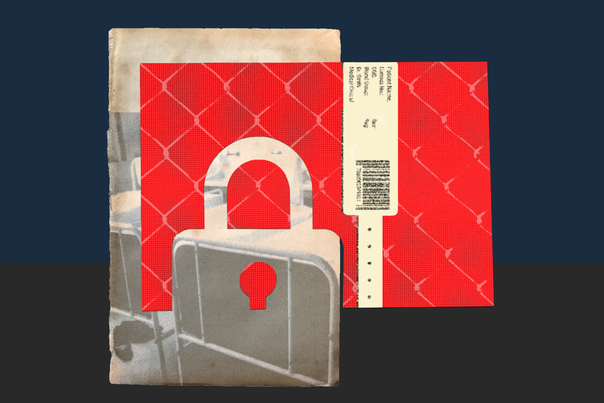 The image features a red padlock shape overlaying a red and tan background with a chain-link pattern. A faded printed tag is attached to the lock area.