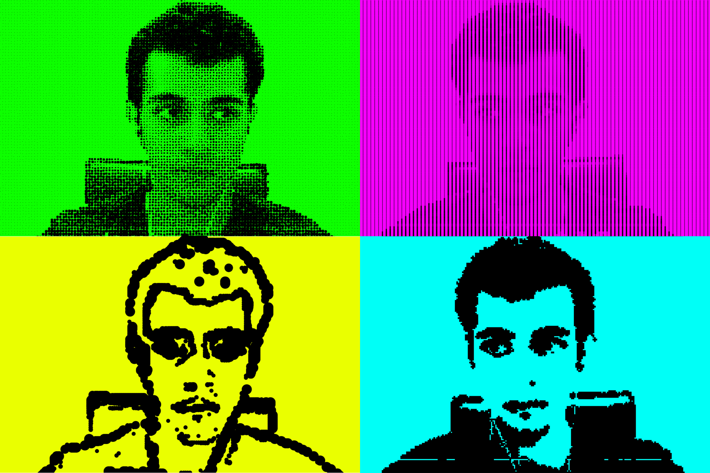 The image features four pop art-style portraits of the same person, each with a different color scheme: green, magenta, yellow, and cyan.