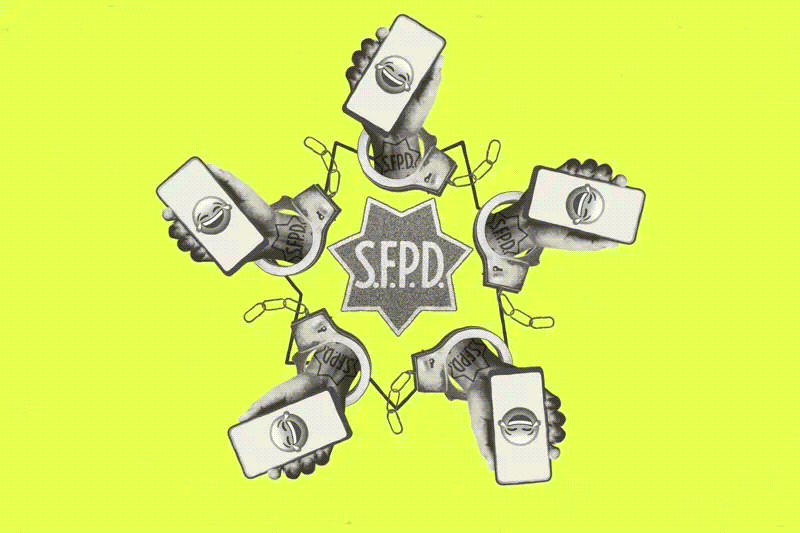 A star-shaped S.F.P.D. badge is at the center, surrounded by six hands holding smartphones on a bright yellow background.