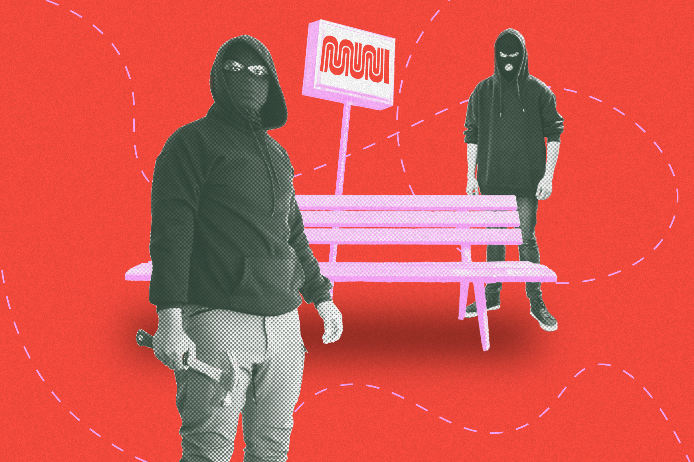 Two masked individuals in black hoodies stand near a pink bench with a red sign on a vibrant red background, featuring white dashed lines.