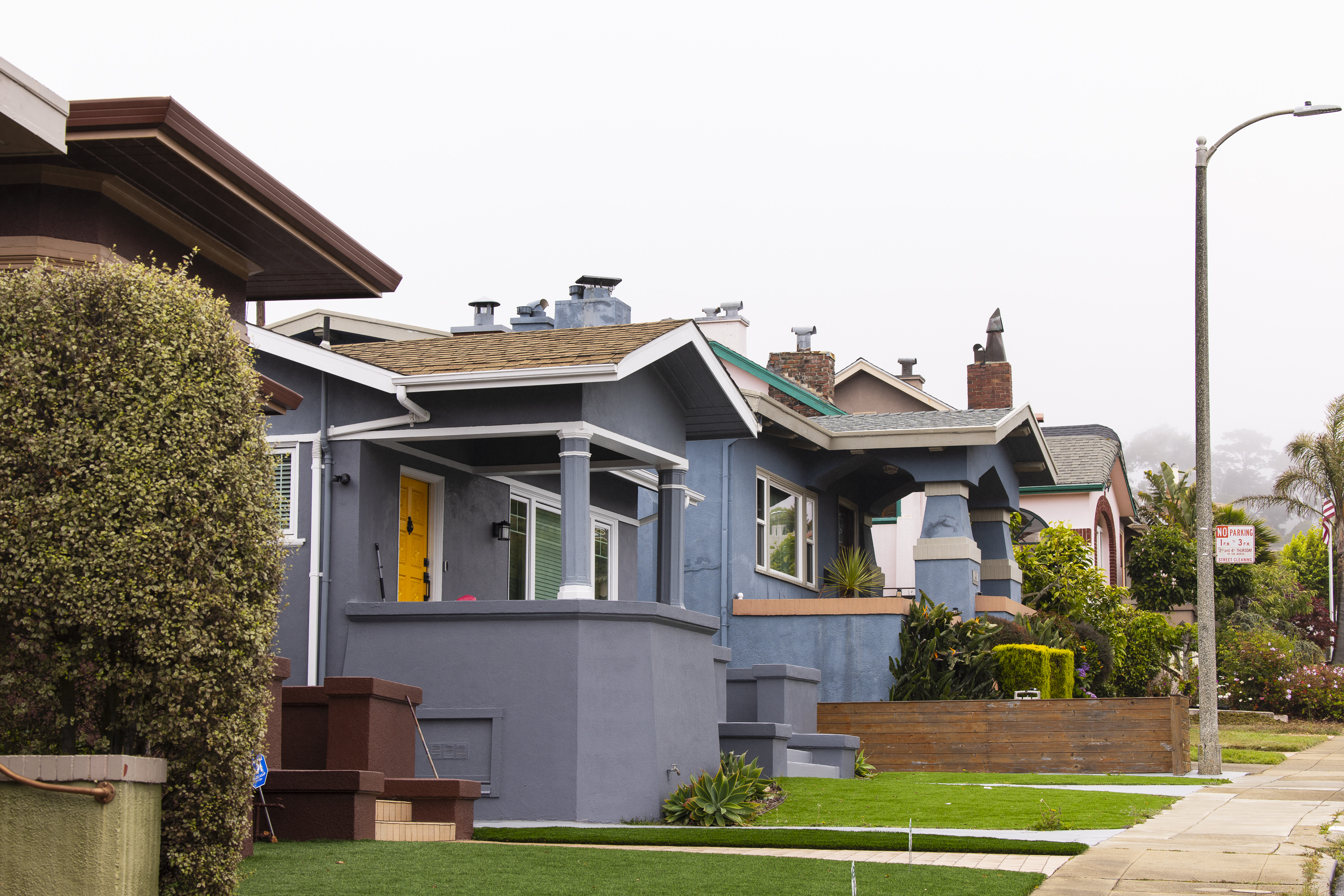 A row of colorful suburban houses with neatly trimmed lawns and a clear sky overhead. A streetlight and a &quot;No Parking&quot; sign are visible on the sidewalk.