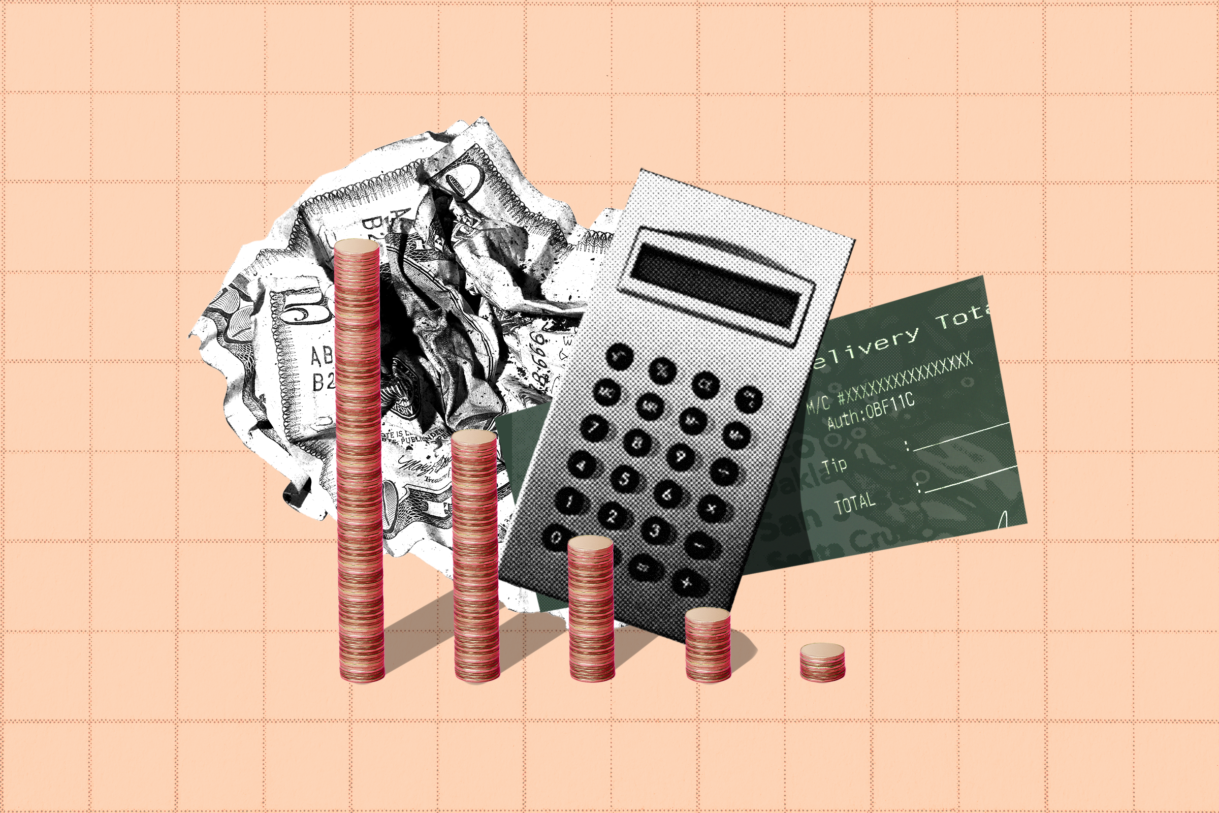 The image shows a crumpled bill, a calculator, stacks of coins, and a receipt, all set against a grid-patterned beige background.