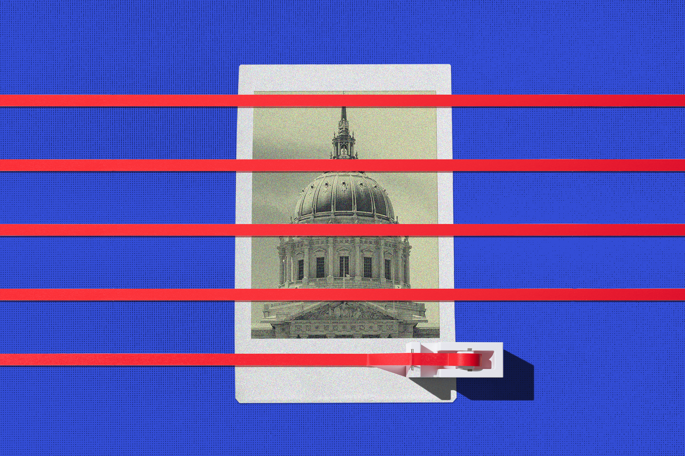 A black-and-white photo of a domed building is partially obscured by red tape stripes. The tape dispenser sits on the right edge against a blue background.