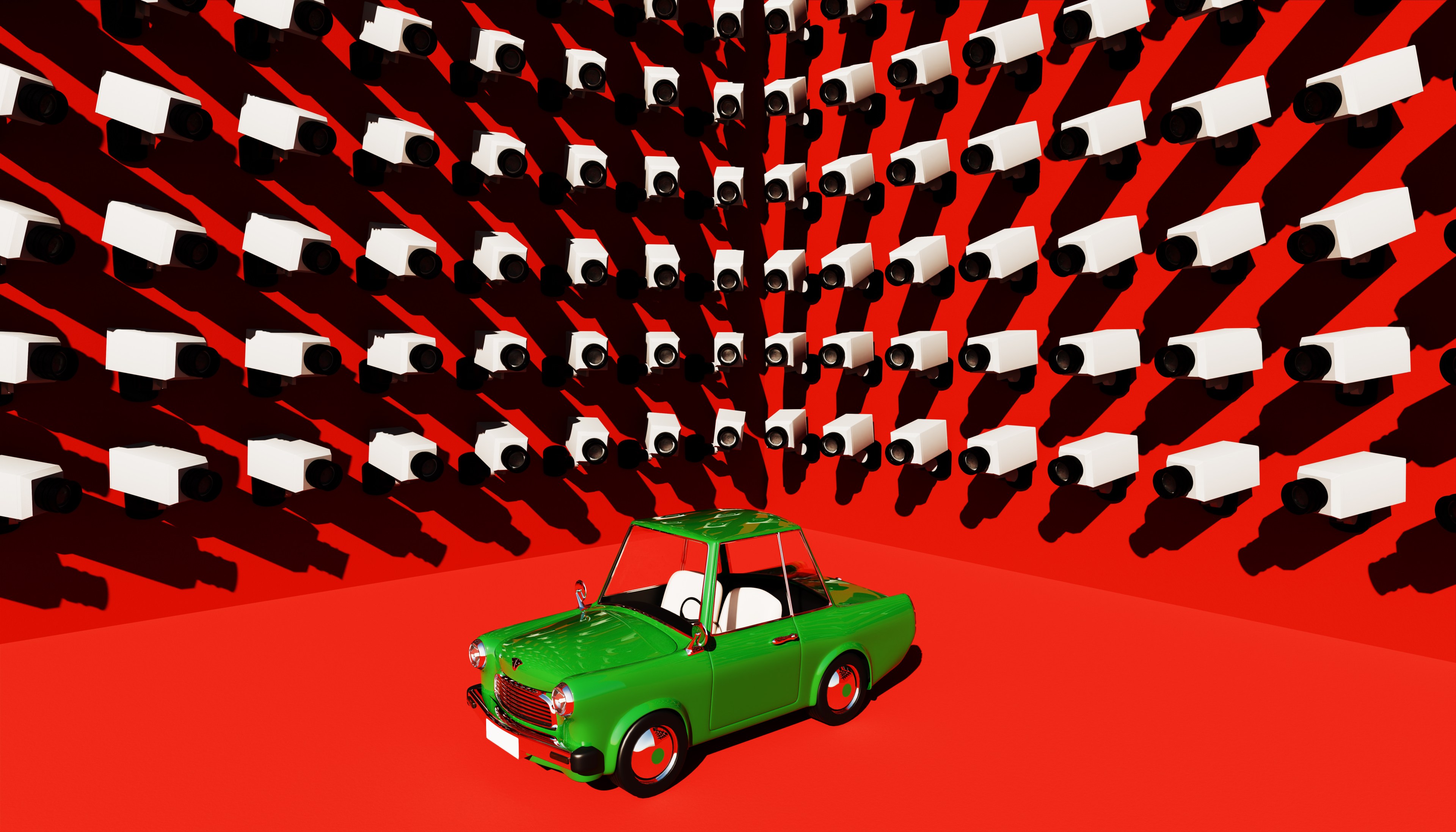 This playful yet thought-provoking image features a cartoon-style green car surrounded by an overwhelming number of CCTV cameras, all directed at it, symbolizing the increasing concerns around surveillance and privacy in the modern world. The juxtaposition of a whimsical, light-hearted car with the serious issue of constant monitoring underscores the tension between personal freedom and the pervasive presence of security measures. Ideal for illustrating themes of surveillance, privacy invasion, and the growing influence of technology in everyday life, this stock image is perfect for marketing campaigns, digital security content, and discussions around personal privacy. The design allows for easy customization with logos, taglines, and branding elements.
