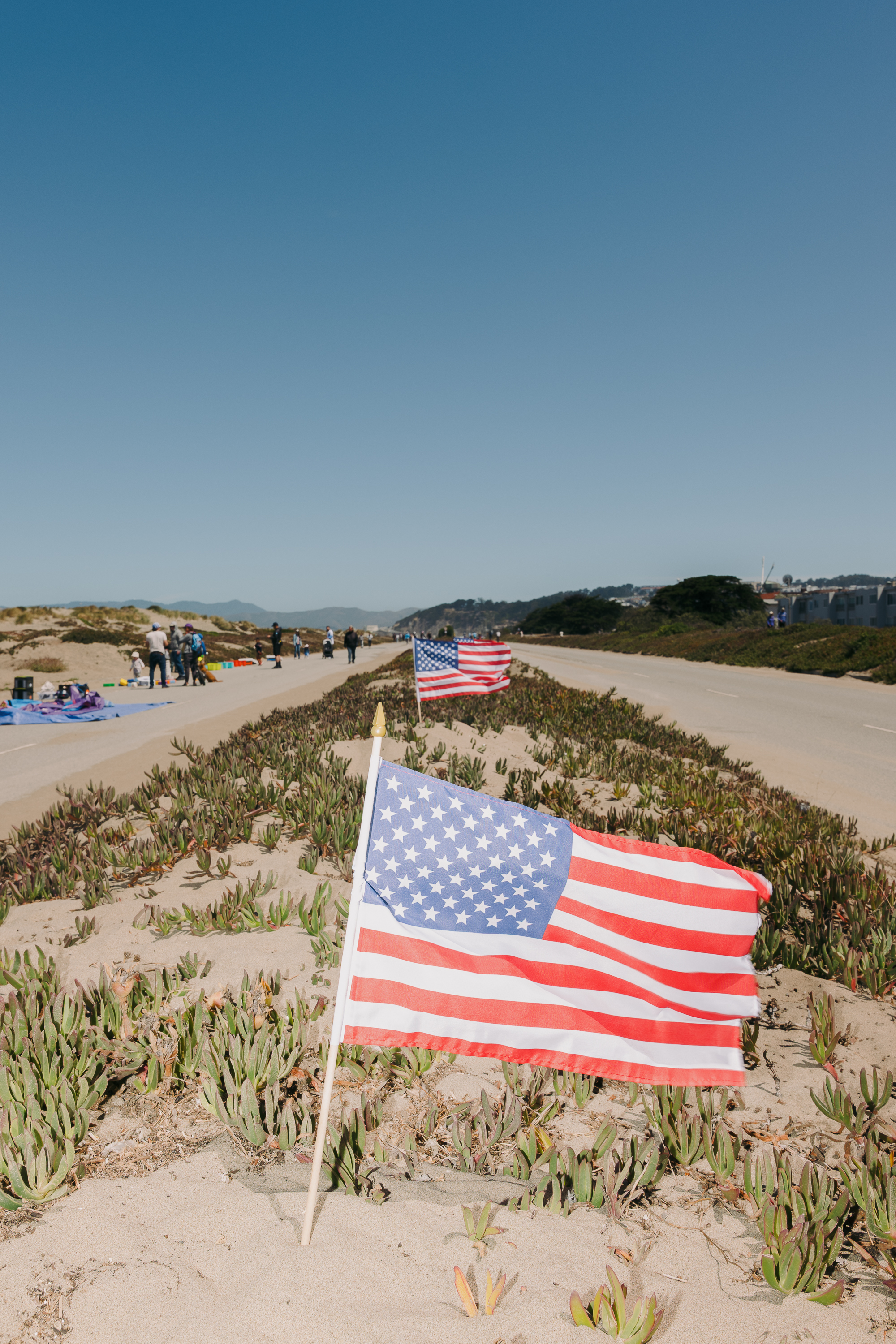 American flags are planted in sand along a road, framed by green plants under a clear blue sky. In the background, people gather near the roadside.