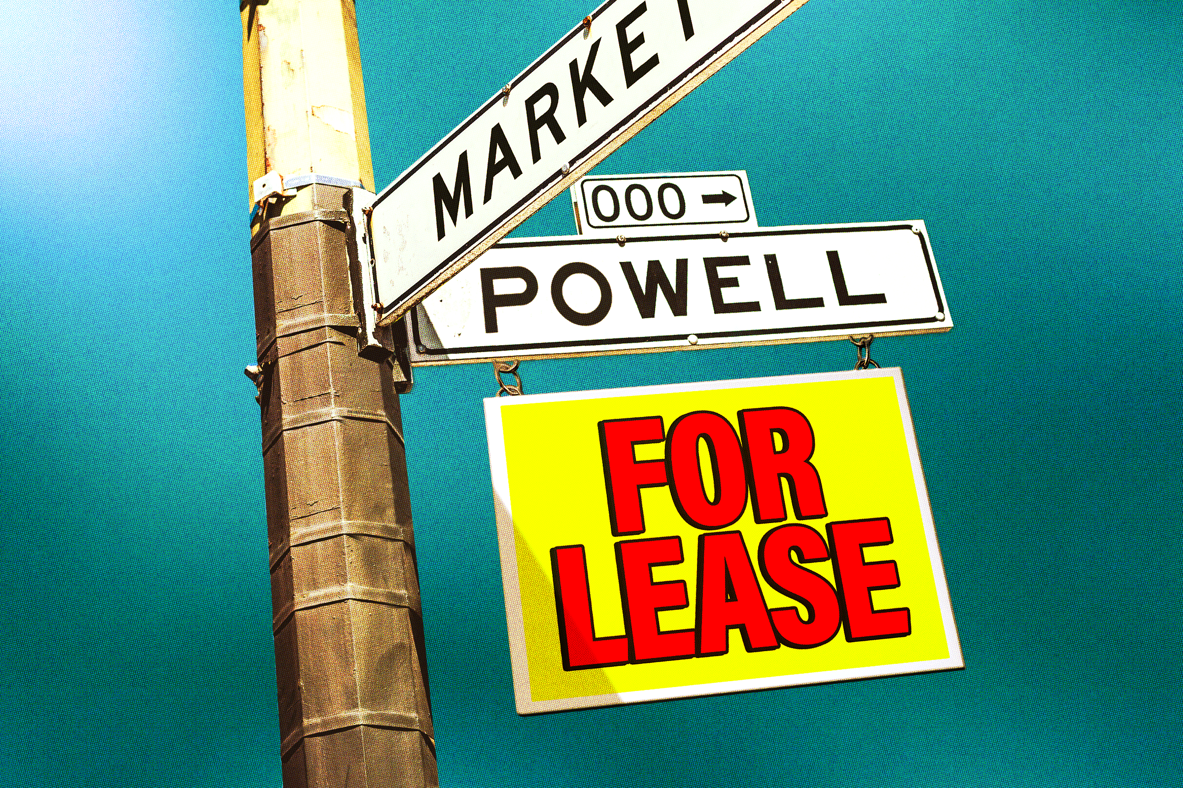 A street pole shows intersection signs for Market and Powell, with a large, bright yellow "For Lease" sign in red letters hanging below.