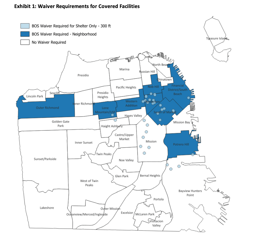 The image is a map showing areas in San Francisco. Dark blue areas require a neighborhood waiver, light blue require a shelter waiver, and white needs no waiver.