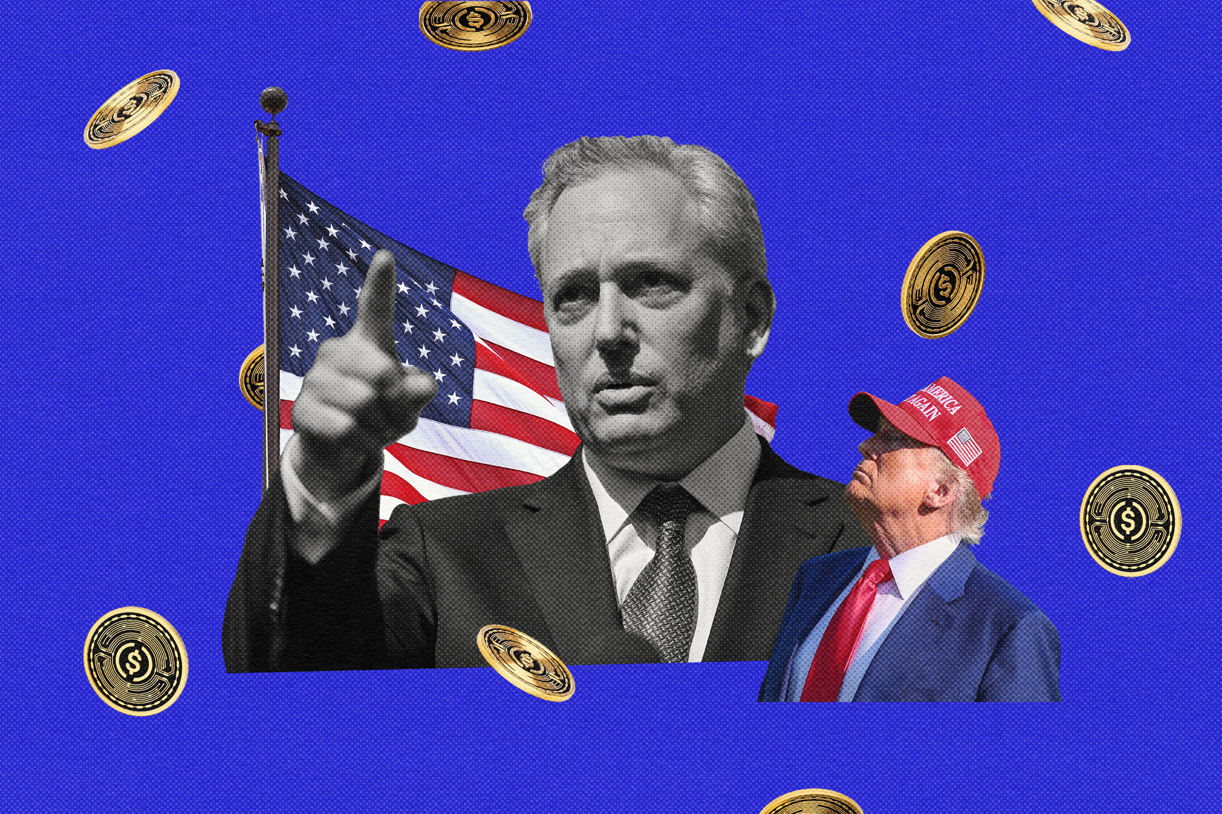 A photo illustration of 2 men and a flag