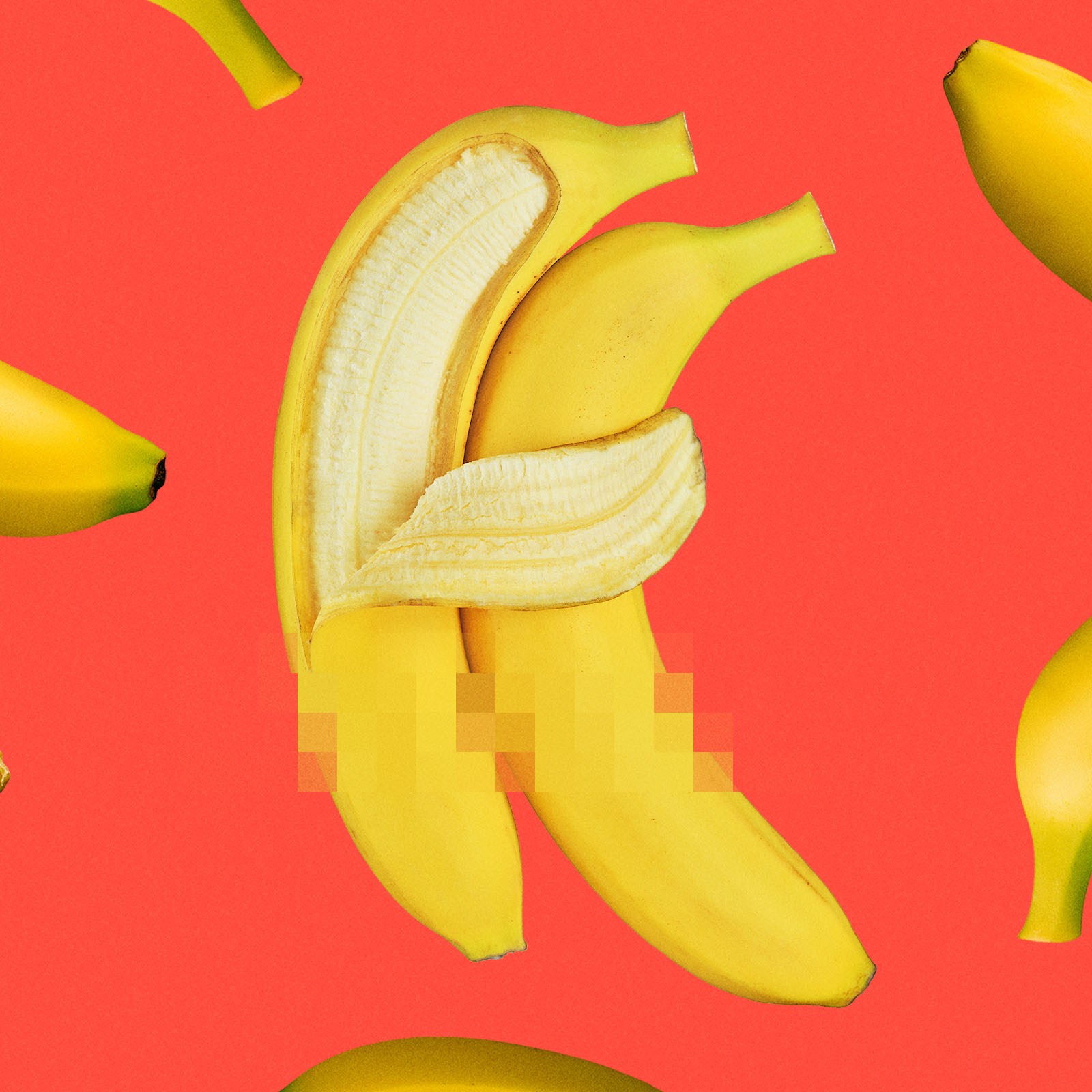 A partially peeled banana is centered against a red background, surrounded by whole bananas positioned in various directions.