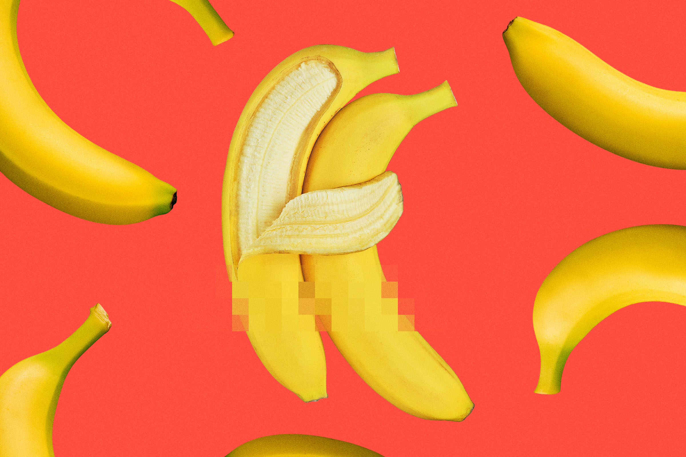 A partially peeled banana is centered against a red background, surrounded by whole bananas positioned in various directions.