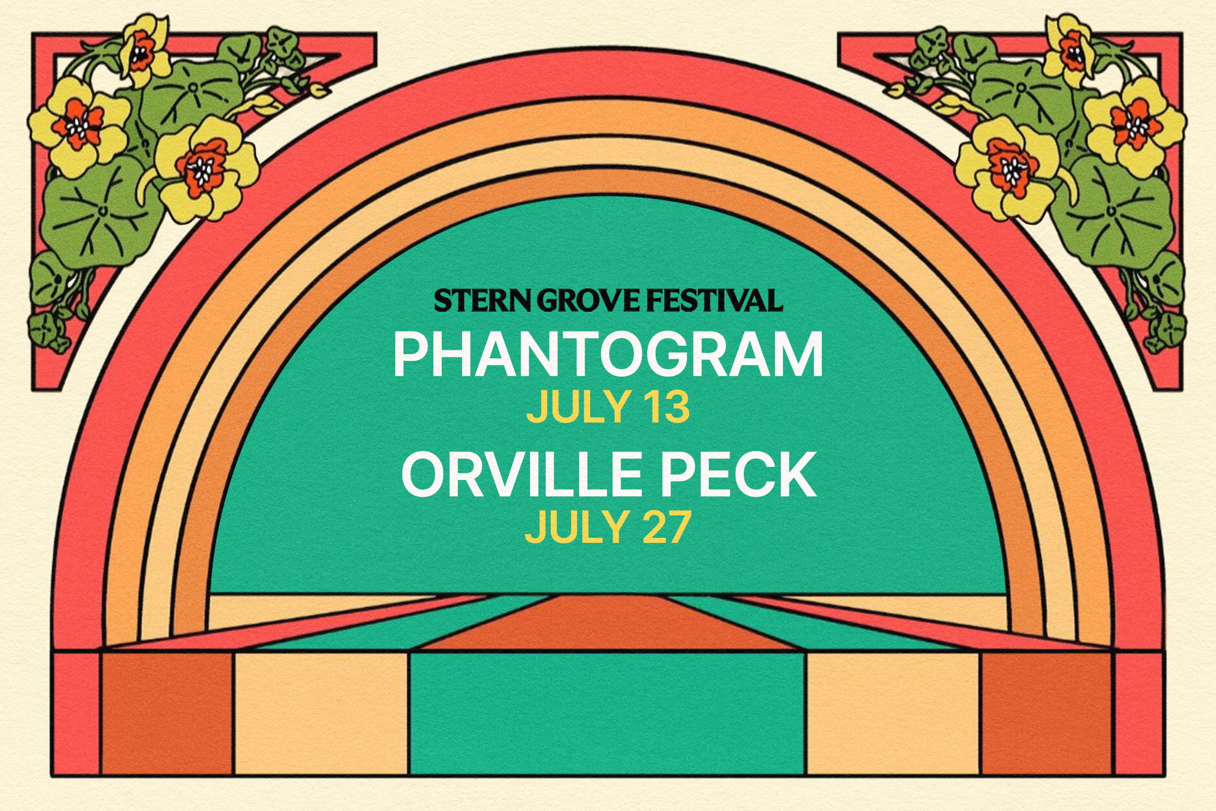 The image features a retro-style design with floral corners and a rainbow arch. Text announces the Stern Grove Festival with Phantogram on July 13 and Orville Peck on July 27.