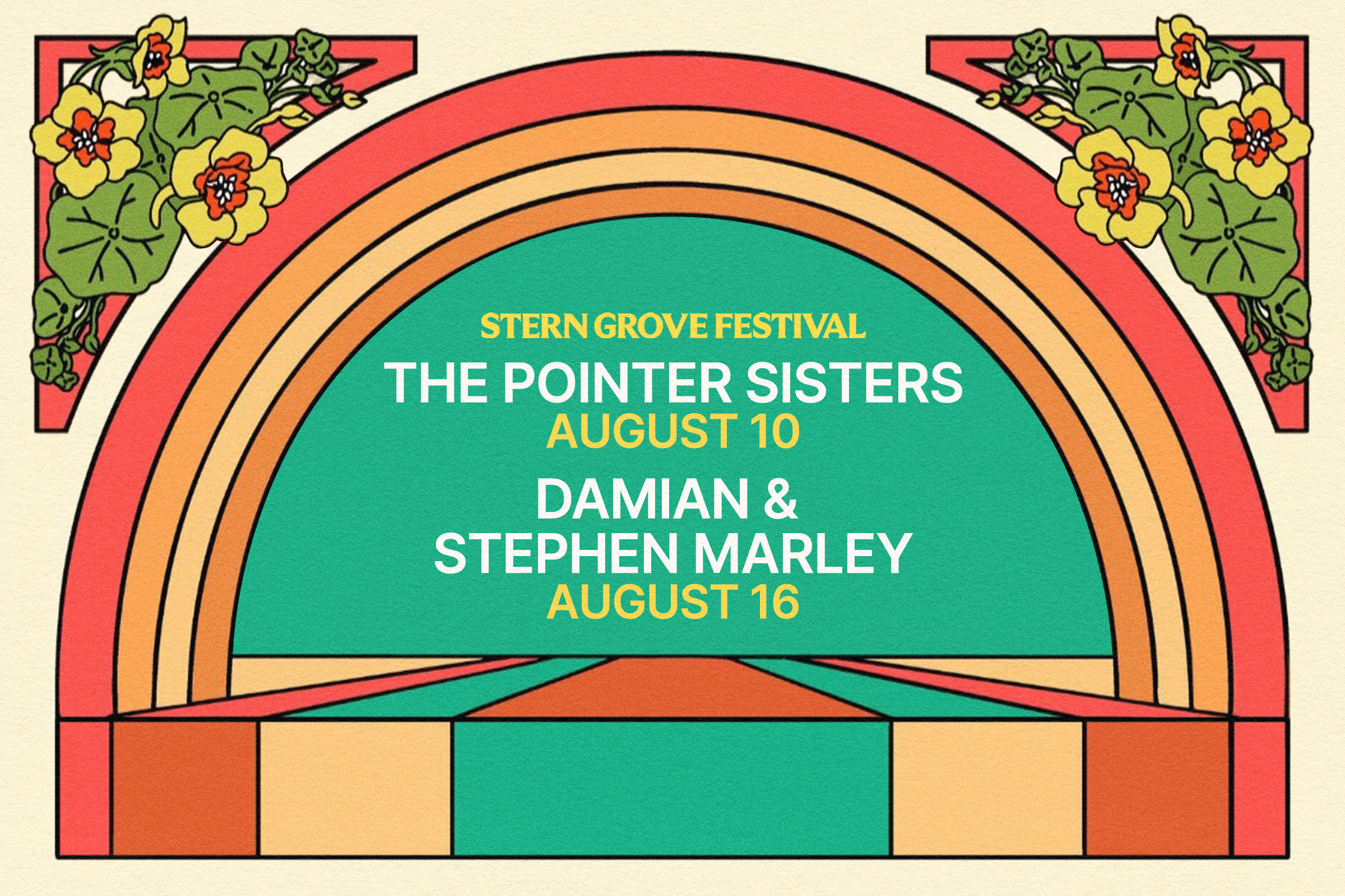 The image is a colorful graphic for the Stern Grove Festival. It announces performances by The Pointer Sisters on August 10 and Damian & Stephen Marley on August 16.