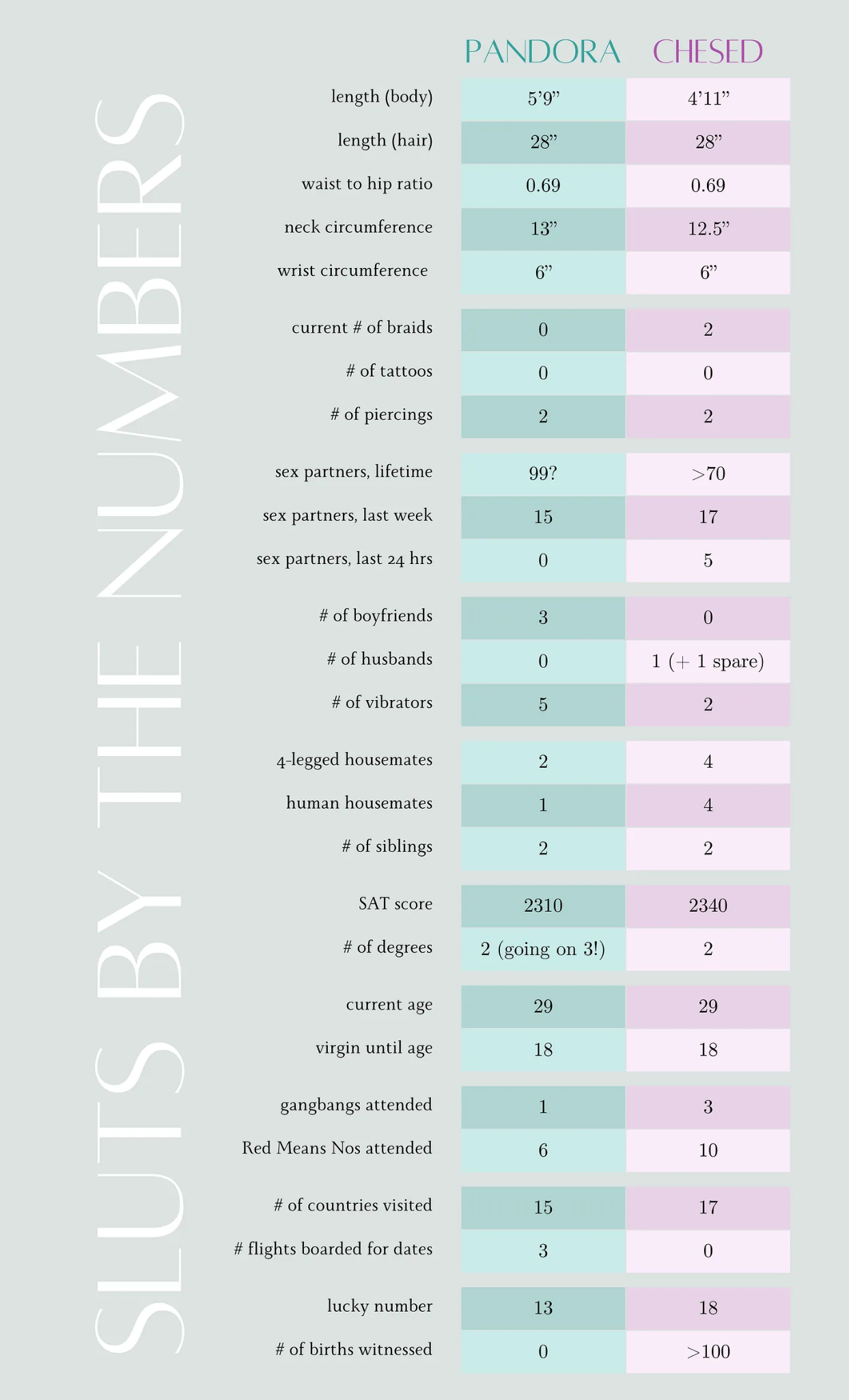 The image is a comparison chart of &quot;Pandora&quot; and &quot;Chesed&quot; featuring various personal statistics like body measurements, lifestyle choices, and personal experiences.